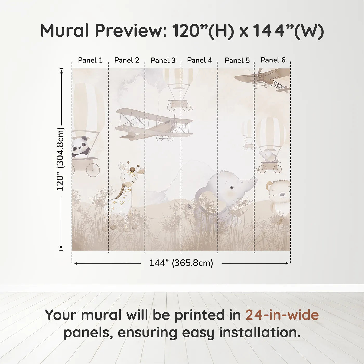 Whimsy Tots Gentle Safari Friends Wall Muraldimension view (120" H x 144" W). Printed in six 24-inch-wide panels. Gender-Neutral