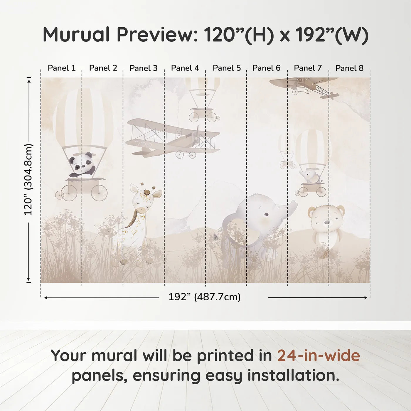 Whimsy Tots Gentle Safari Friends Wall Muraldimension view (120" H x 192" W). Printed in eight 24-inch-wide panels. Gender-Neutral