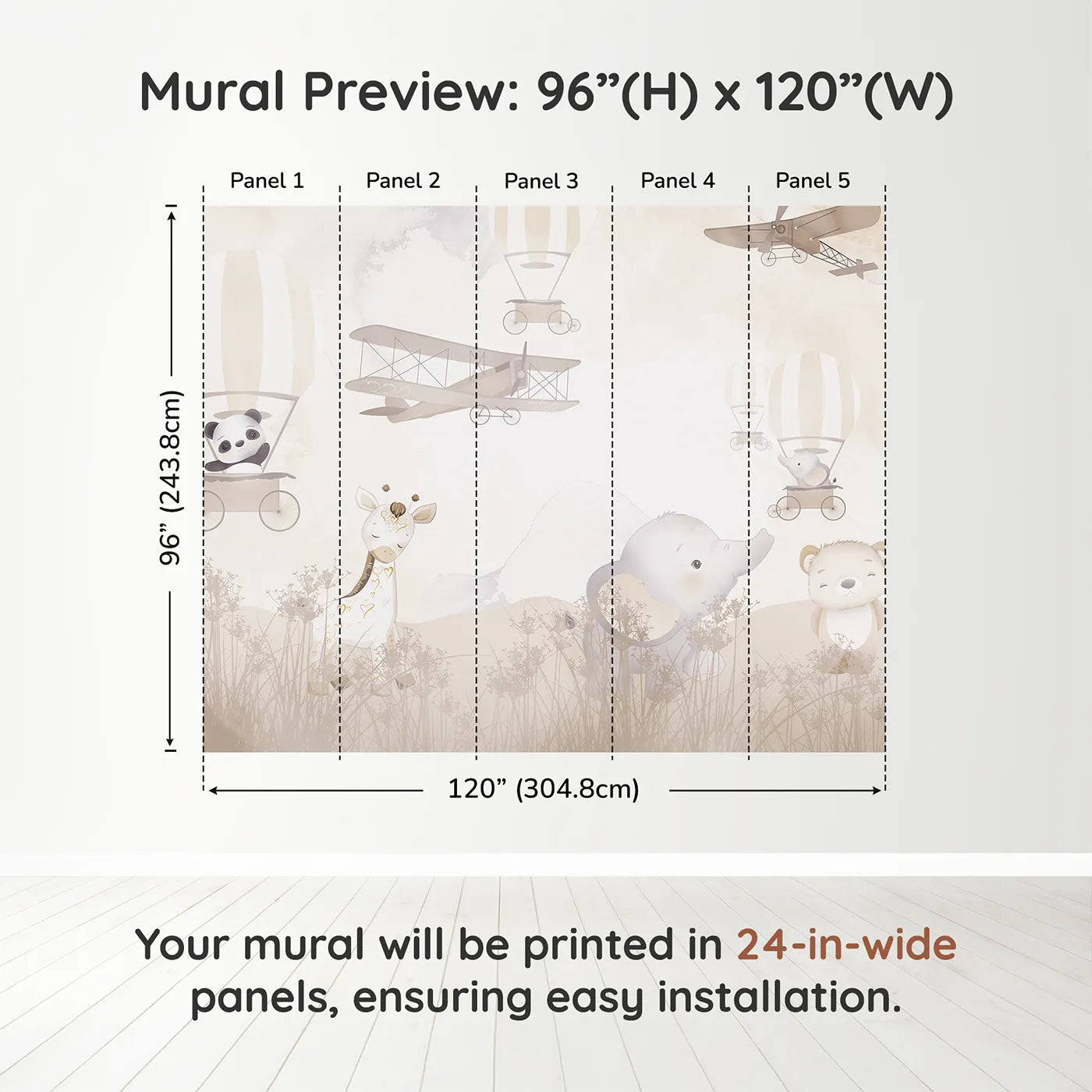 Whimsy Tots Gentle Safari Friends Wall Muraldimension view (96" H x 120" W). Printed in five 24-inch-wide panels. Gender-Neutral