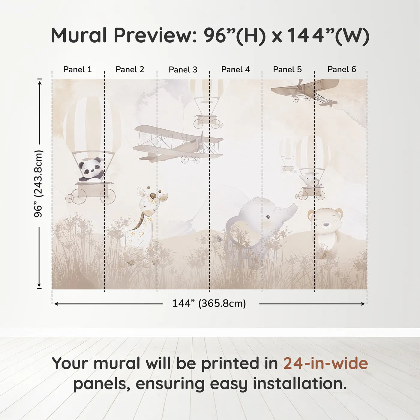 Whimsy Tots Gentle Safari Friends Wall Muraldimension view (96" H x 144" W). Printed in six 24-inch-wide panels. Gender-Neutral