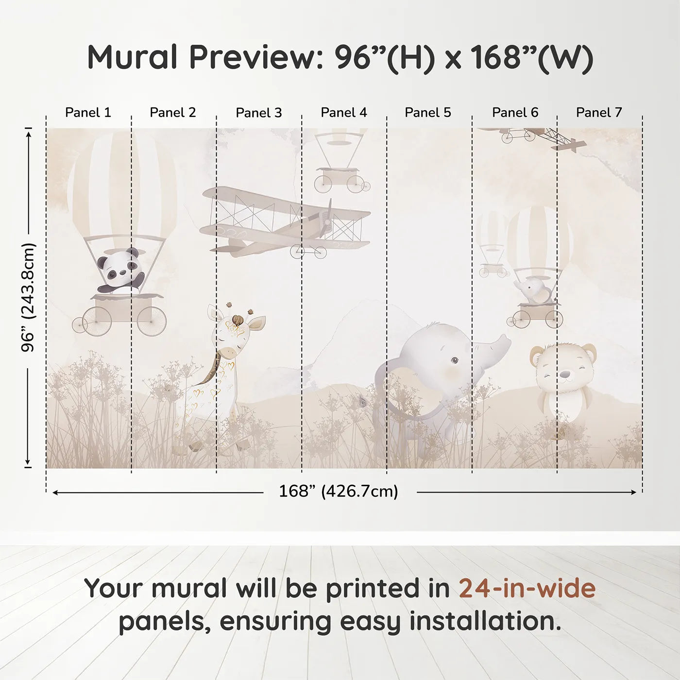Whimsy Tots Gentle Safari Friends Wall Muraldimension view (96" H x 168" W). Printed in seven 24-inch-wide panels. Gender-Neutral