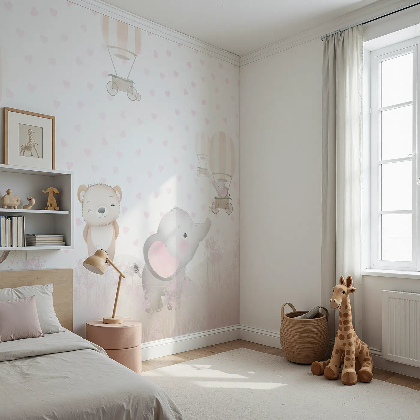 Angled view of Whimsy Tots' Pastel Safari Hearts Wall Mural (Turn Their Room into a Meadow of Love and Friendship).Best for Girls