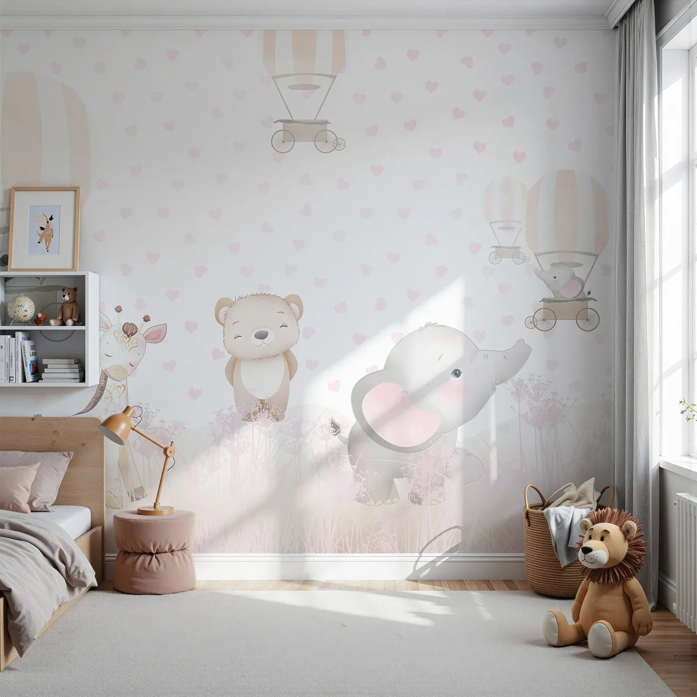 Front view of Whimsy Tots' Pastel Safari Hearts Wall Mural