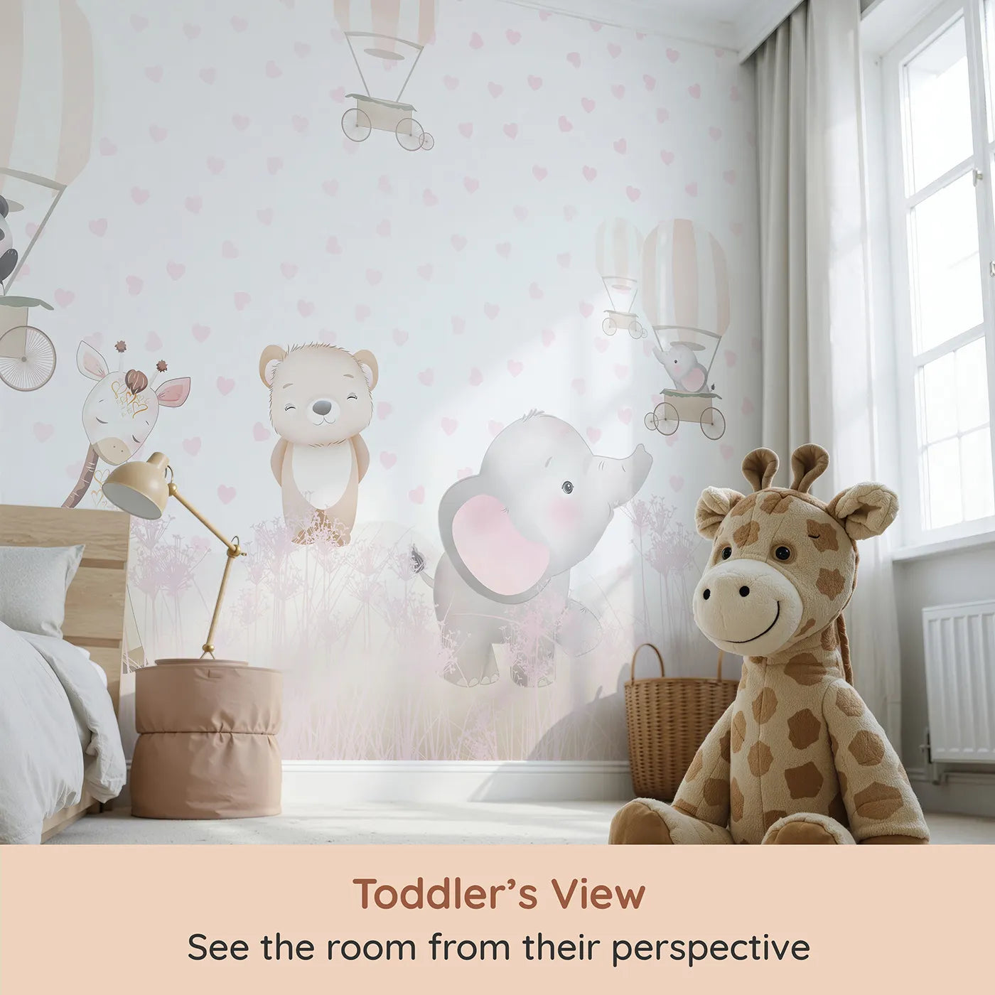 Whimsy Tots Pastel Safari Hearts Wall Mural (Turn Their Room into a Meadow of Love and Friendship) from your child's view.Best for Girls