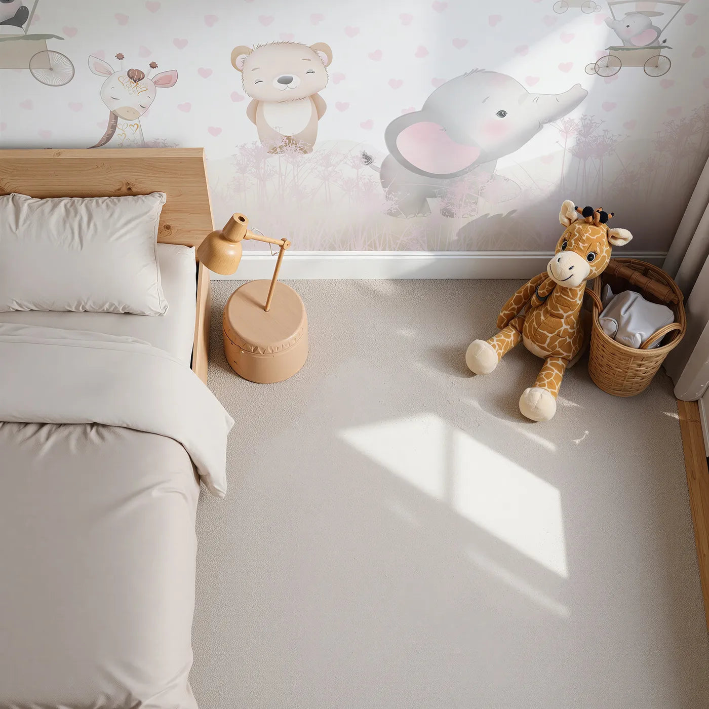Top-down view of Whimsy Tots' Pastel Safari Hearts Wall Mural (Turn Their Room into a Meadow of Love and Friendship).Best for Girls