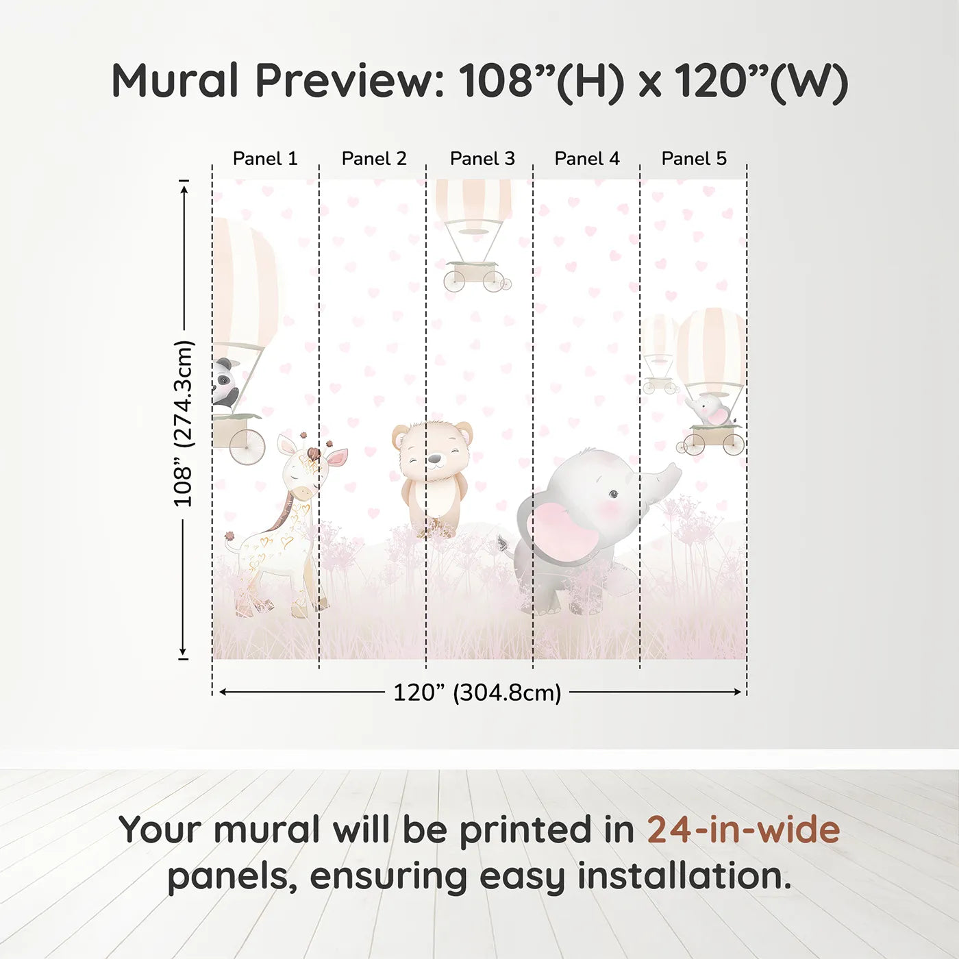 Whimsy Tots Pastel Safari Hearts Wall Muraldimension view (108" H x 120" W). Printed in five 24-inch-wide panels. Best for Girls