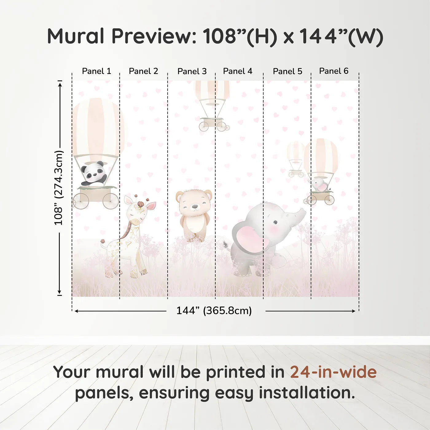 Whimsy Tots Pastel Safari Hearts Wall Muraldimension view (108" H x 144" W). Printed in six 24-inch-wide panels. Best for Girls