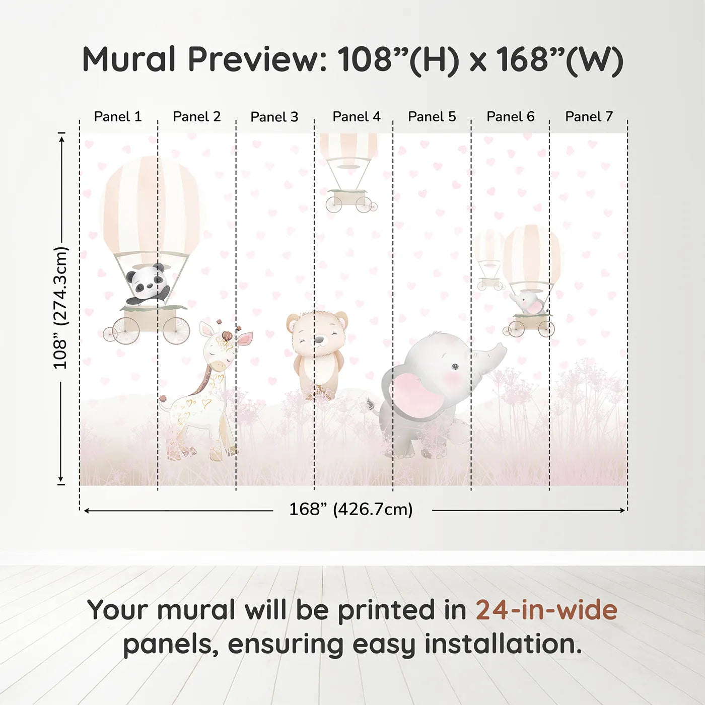 Whimsy Tots Pastel Safari Hearts Wall Muraldimension view (108" H x 168" W). Printed in seven 24-inch-wide panels. Best for Girls