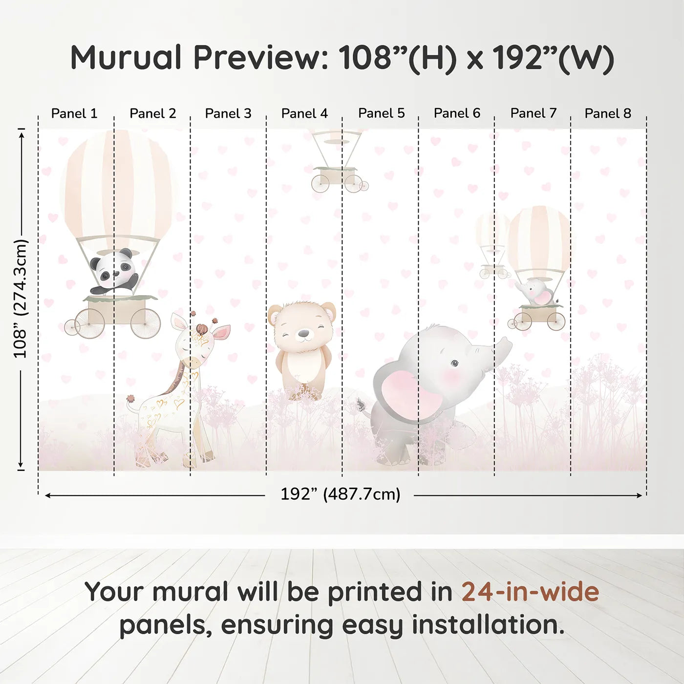 Whimsy Tots Pastel Safari Hearts Wall Muraldimension view (108" H x 192" W). Printed in eight 24-inch-wide panels. Best for Girls