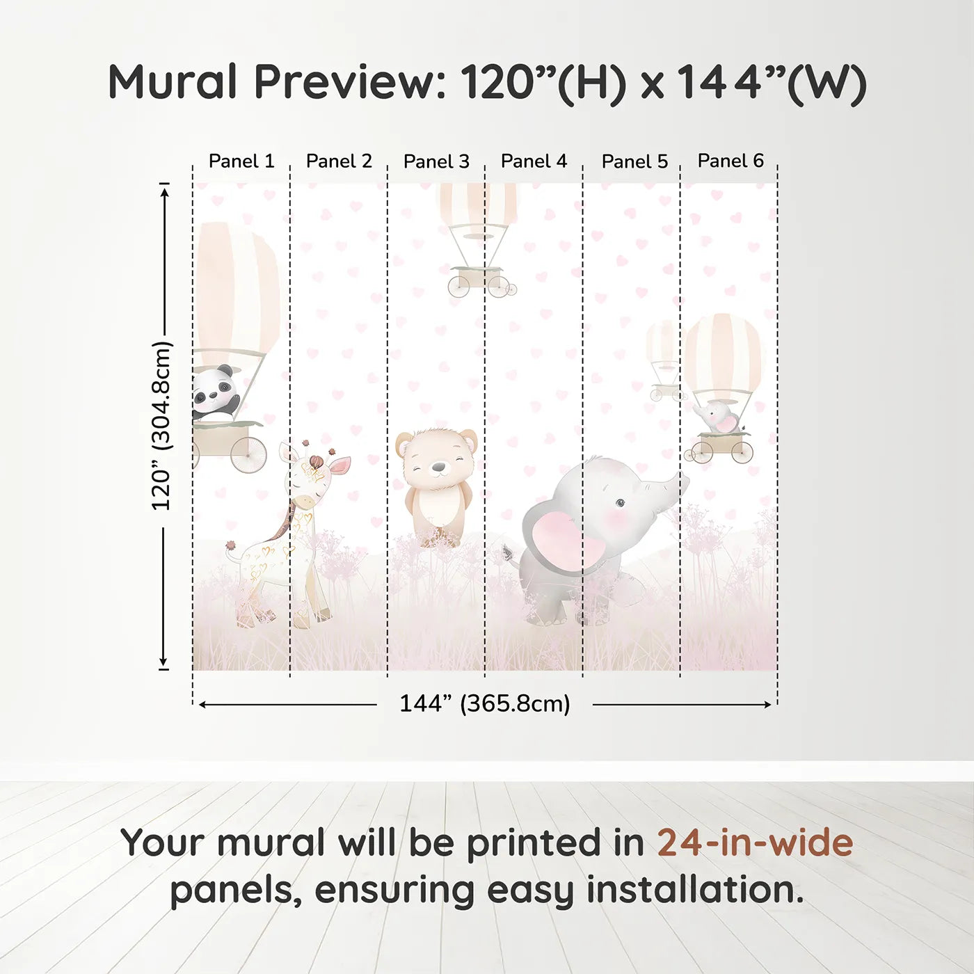 Whimsy Tots Pastel Safari Hearts Wall Muraldimension view (120" H x 144" W). Printed in six 24-inch-wide panels. Best for Girls