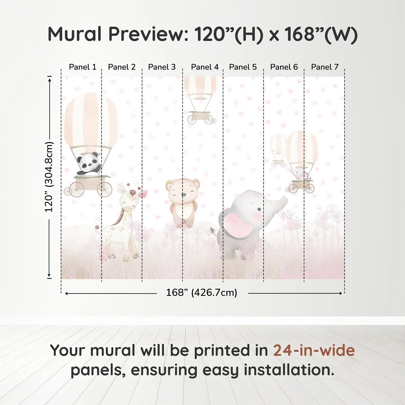 Whimsy Tots Pastel Safari Hearts Wall Muraldimension view (120" H x 168" W). Printed in seven 24-inch-wide panels. Best for Girls