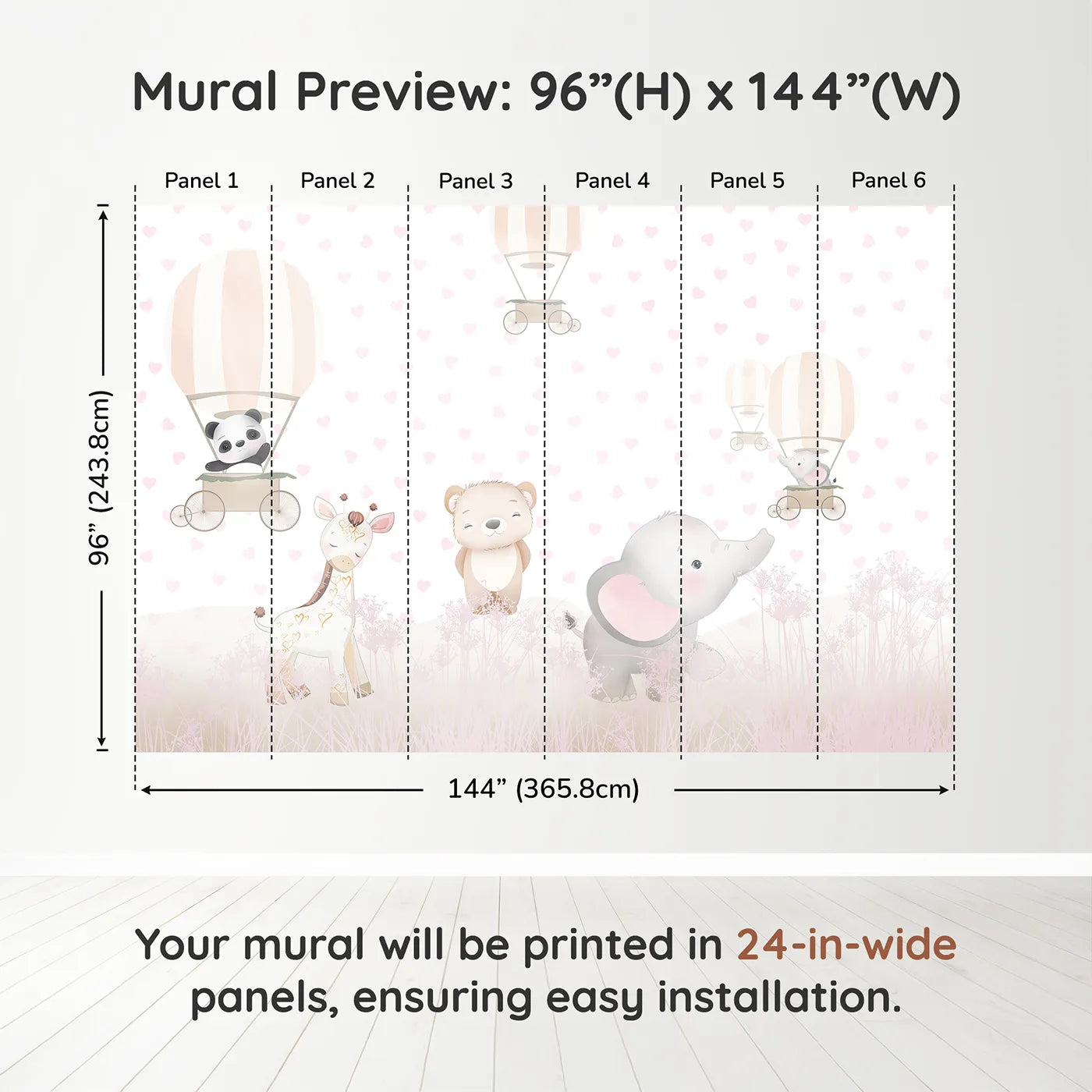 Whimsy Tots Pastel Safari Hearts Wall Muraldimension view (96" H x 144" W). Printed in six 24-inch-wide panels. Best for Girls