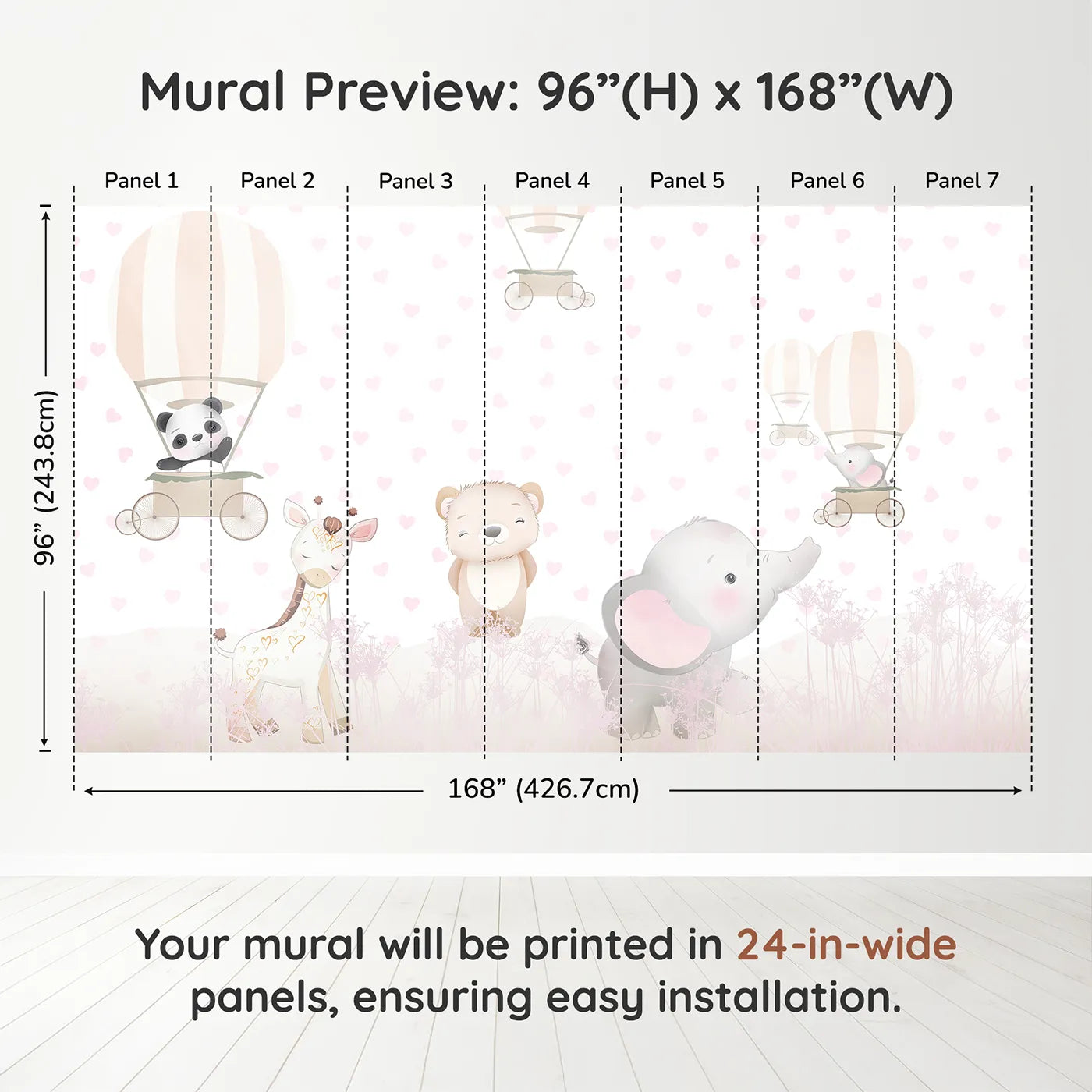 Whimsy Tots Pastel Safari Hearts Wall Muraldimension view (96" H x 168" W). Printed in seven 24-inch-wide panels. Best for Girls