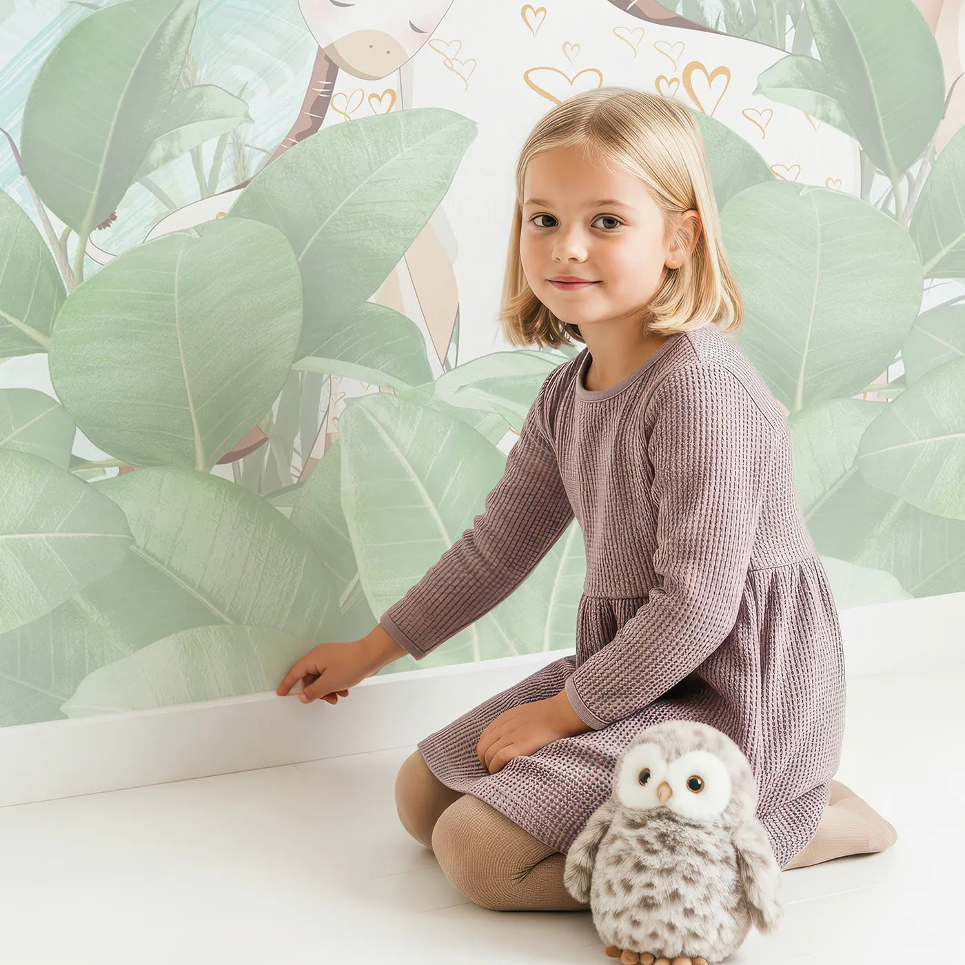 Child in front of Whimsy Tots Teal Jungle Friends Wall Mural with safari, jungle, animal, cute, leaf, green, teal, hide and seek in design.