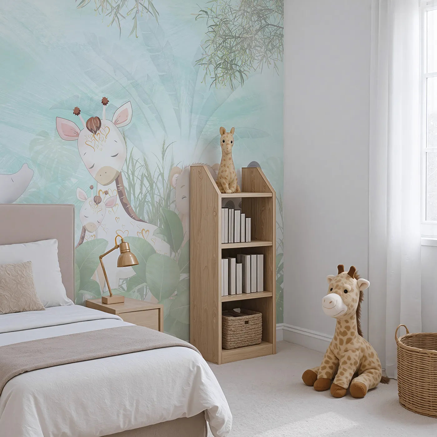 Angled view of Whimsy Tots' Teal Jungle Friends Wall Mural (Turn Their Room into a Lush and Gentle Hideaway).Gender-Neutral