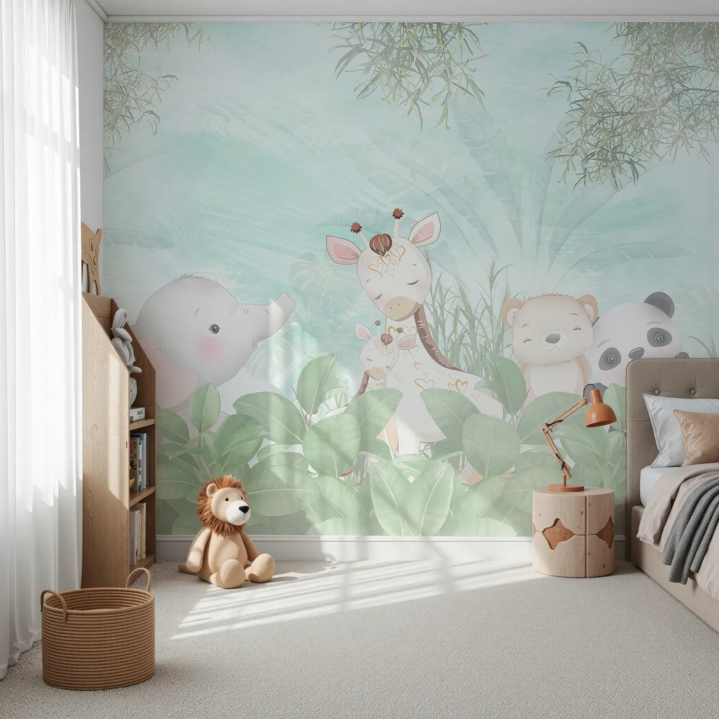 Front view of Whimsy Tots' Teal Jungle Friends Wall Mural