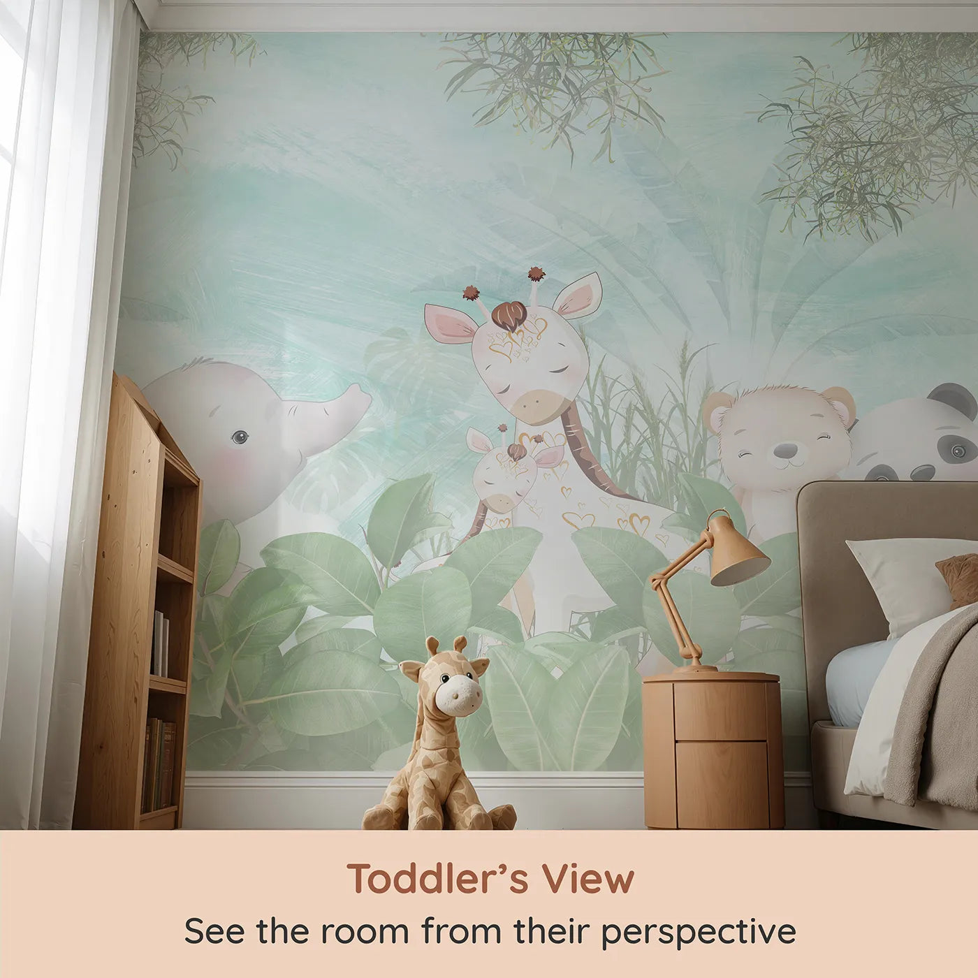 Whimsy Tots Teal Jungle Friends Wall Mural (Turn Their Room into a Lush and Gentle Hideaway) from your child's view.Gender-Neutral