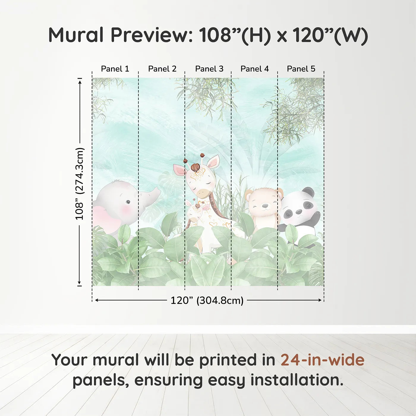 Whimsy Tots Teal Jungle Friends Wall Muraldimension view (108" H x 120" W). Printed in five 24-inch-wide panels. Gender-Neutral