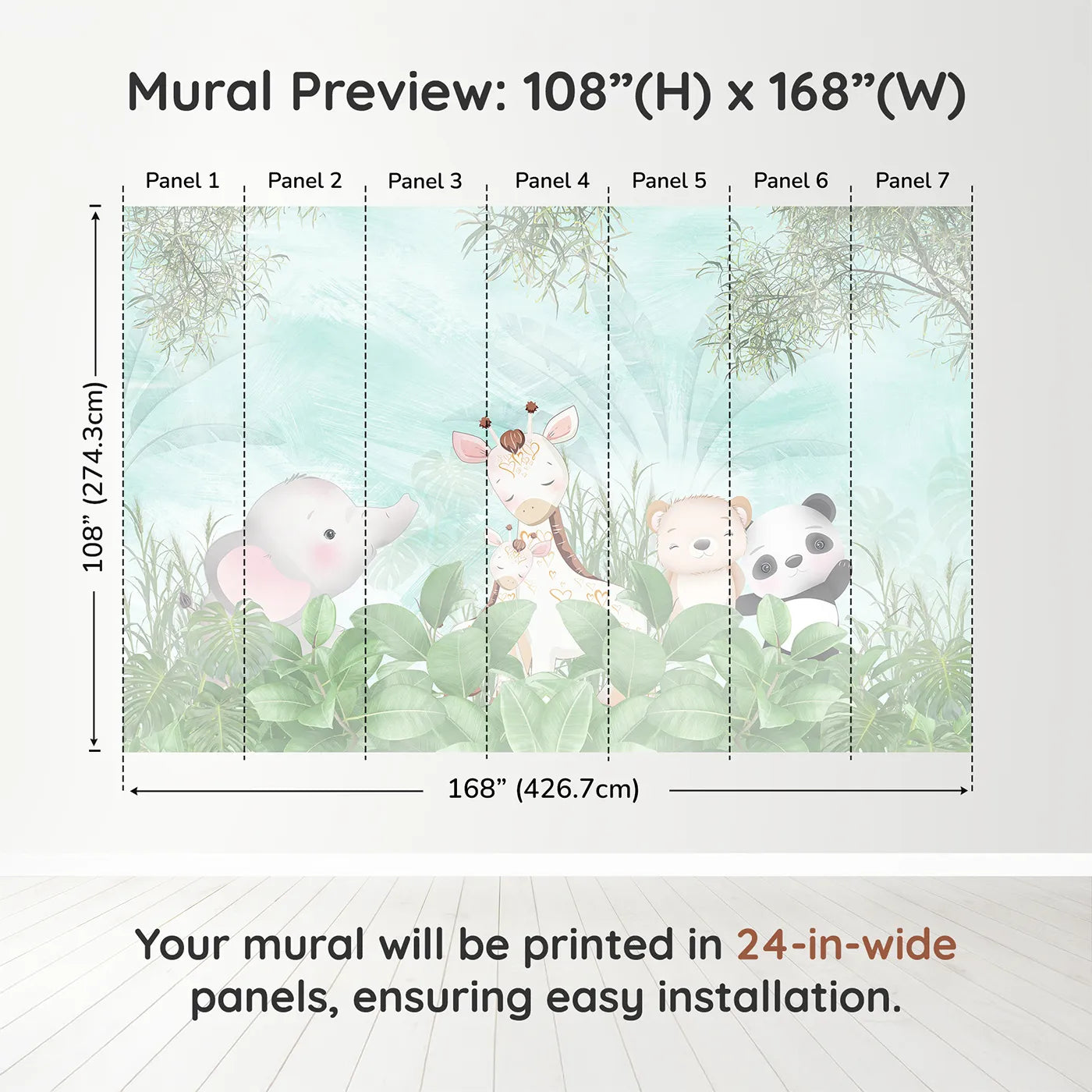 Whimsy Tots Teal Jungle Friends Wall Muraldimension view (108" H x 168" W). Printed in seven 24-inch-wide panels. Gender-Neutral