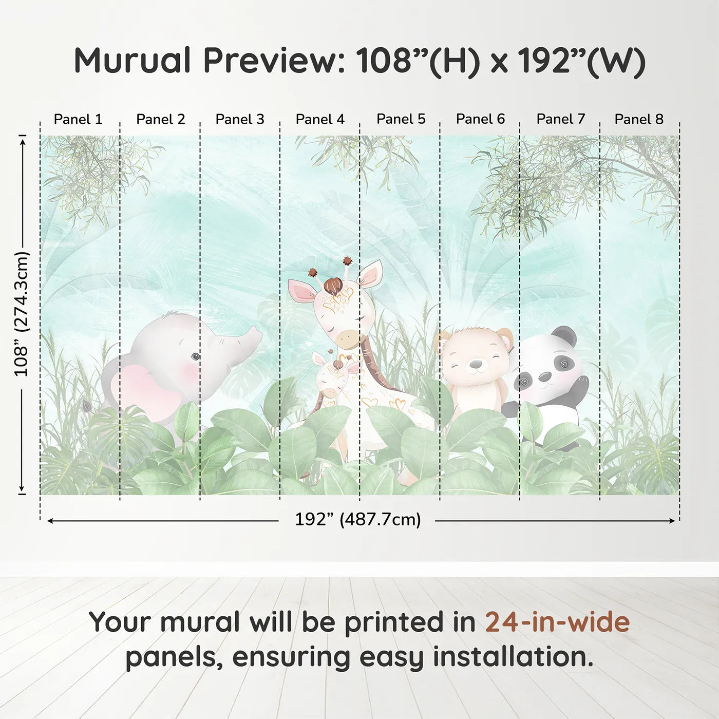 Whimsy Tots Teal Jungle Friends Wall Muraldimension view (108" H x 192" W). Printed in eight 24-inch-wide panels. Gender-Neutral