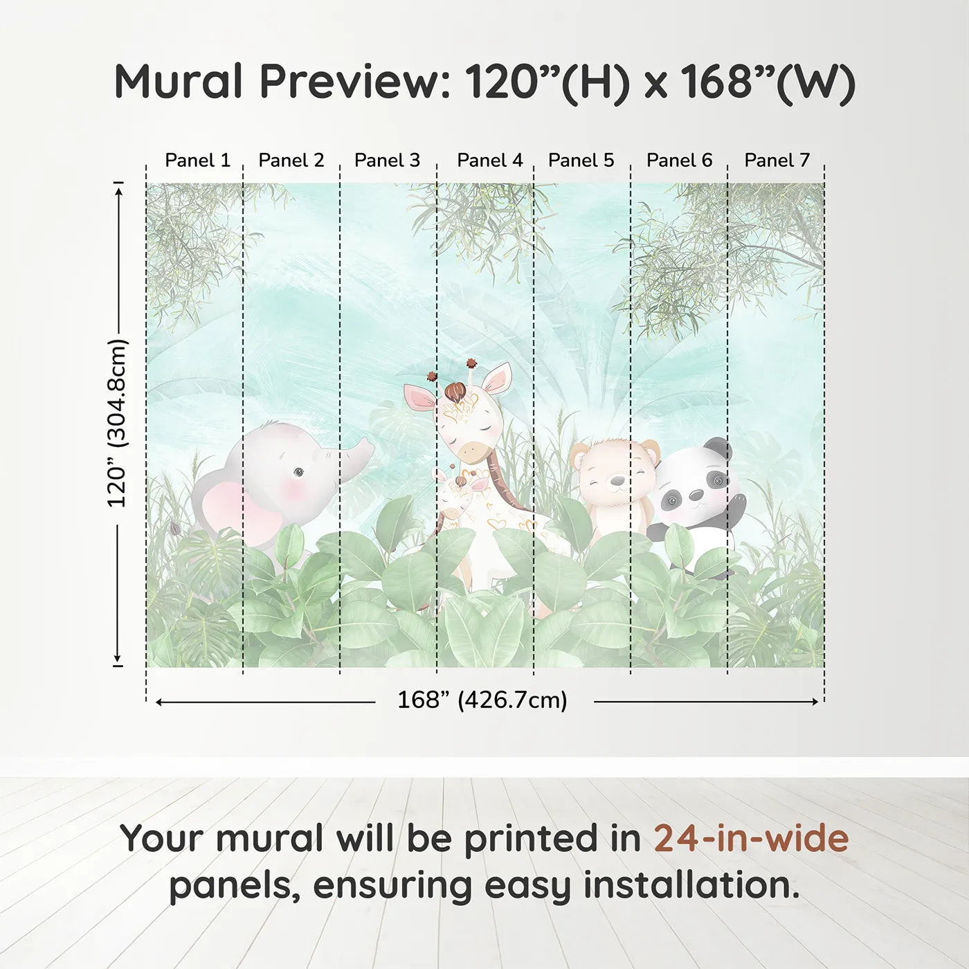 Whimsy Tots Teal Jungle Friends Wall Muraldimension view (120" H x 168" W). Printed in seven 24-inch-wide panels. Gender-Neutral