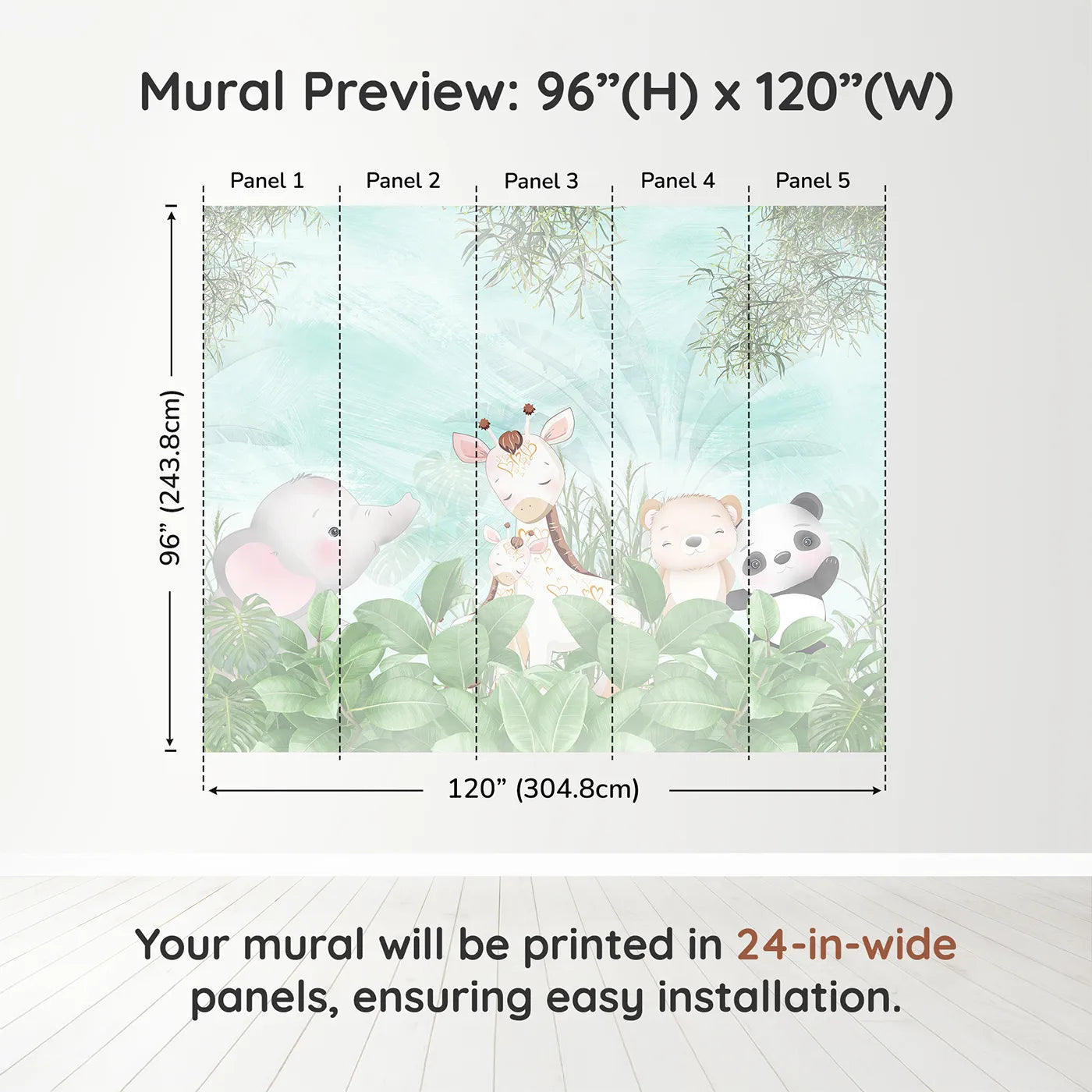 Whimsy Tots Teal Jungle Friends Wall Muraldimension view (96" H x 120" W). Printed in five 24-inch-wide panels. Gender-Neutral