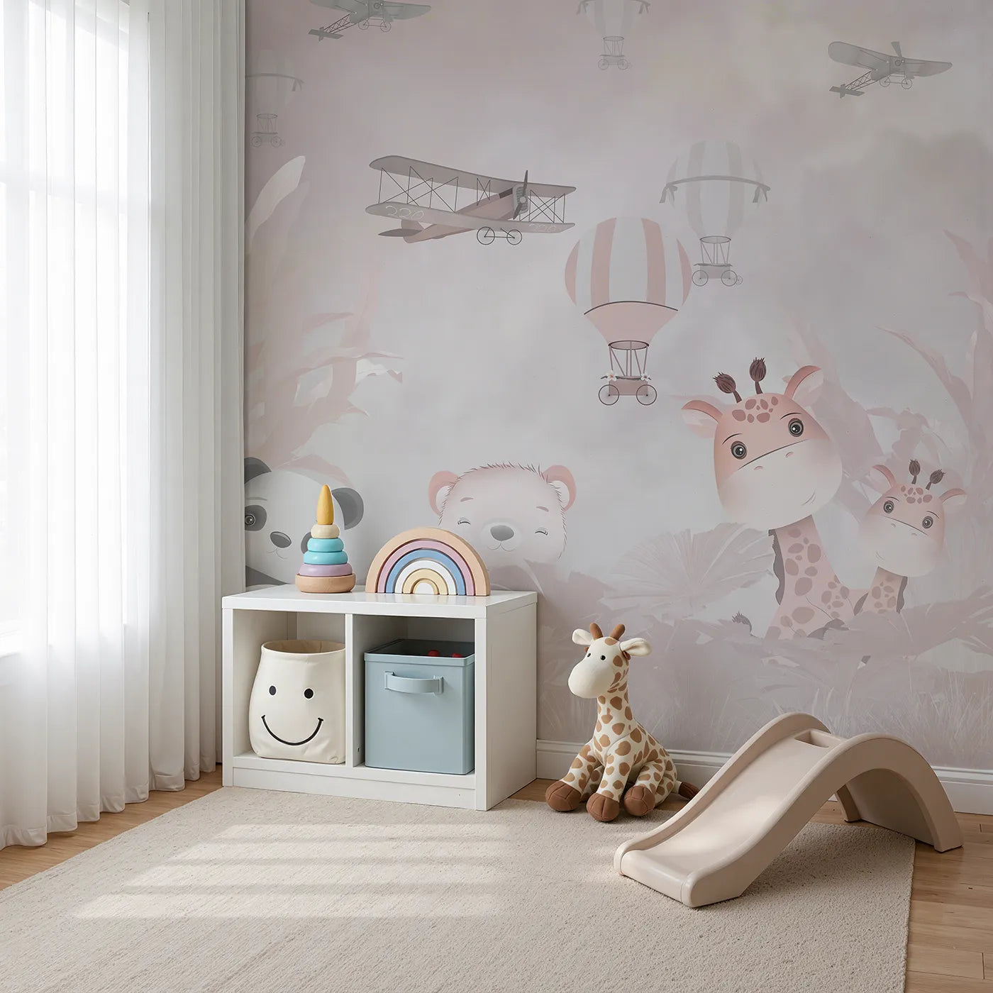 Angled view of Whimsy Tots' Pink Safari Adventure Wall Mural (Turn Their Room into a High-Flying Jungle Party).Best for Girls