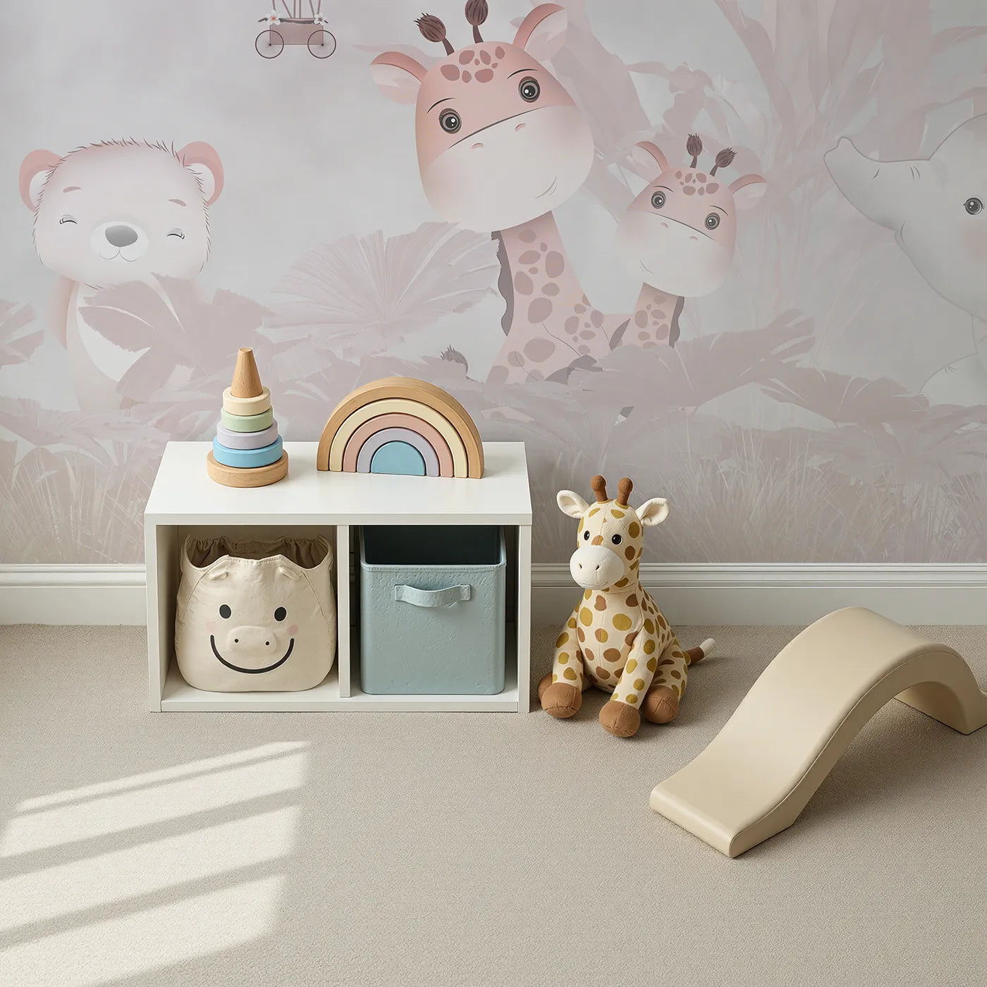 Top-down view of Whimsy Tots' Pink Safari Adventure Wall Mural (Turn Their Room into a High-Flying Jungle Party).Best for Girls