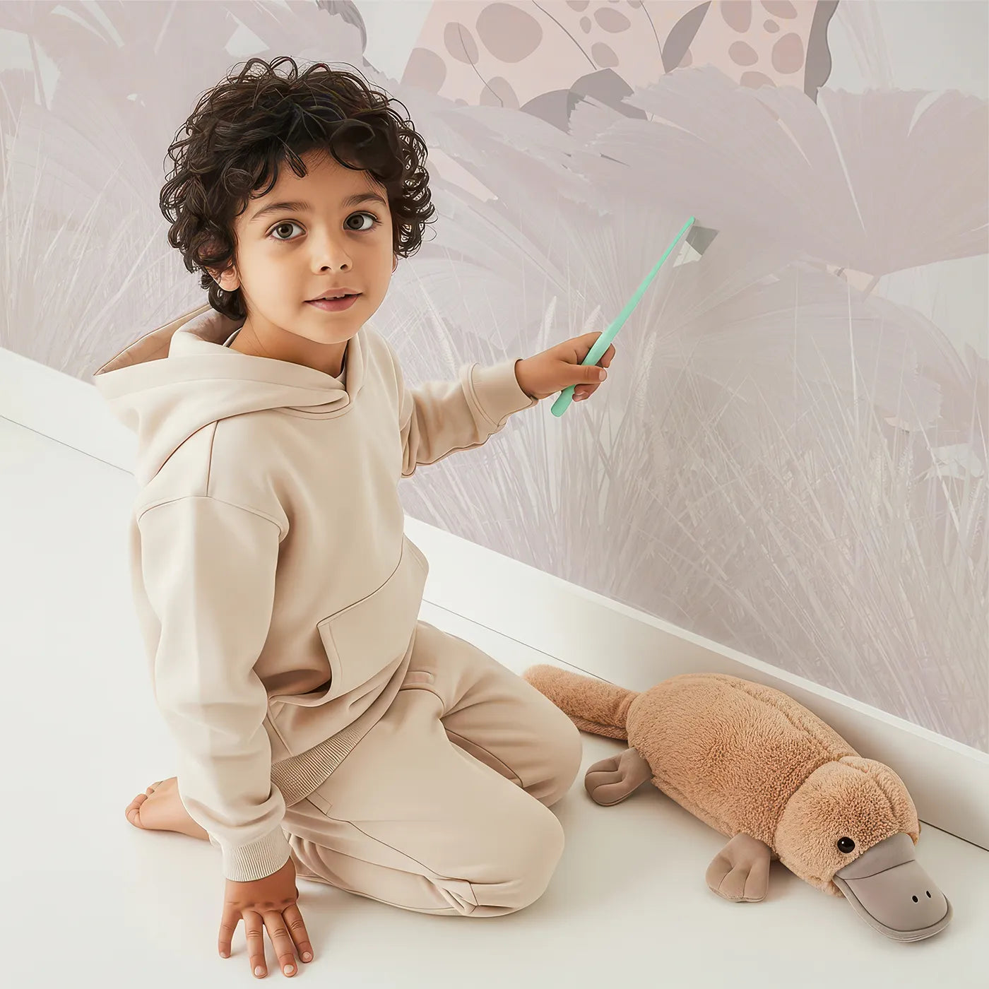 Child in front of Whimsy Tots Pink Safari Adventure Wall Mural with animal, safari, airplane, balloon, vintage, cute, jungle, pink in design.