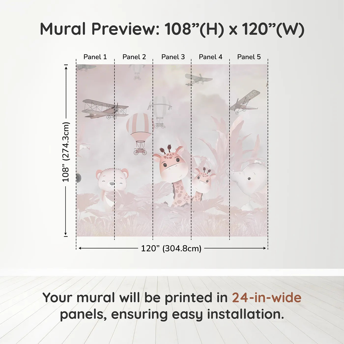 Whimsy Tots Pink Safari Adventure Wall Muraldimension view (108" H x 120" W). Printed in five 24-inch-wide panels. Best for Girls