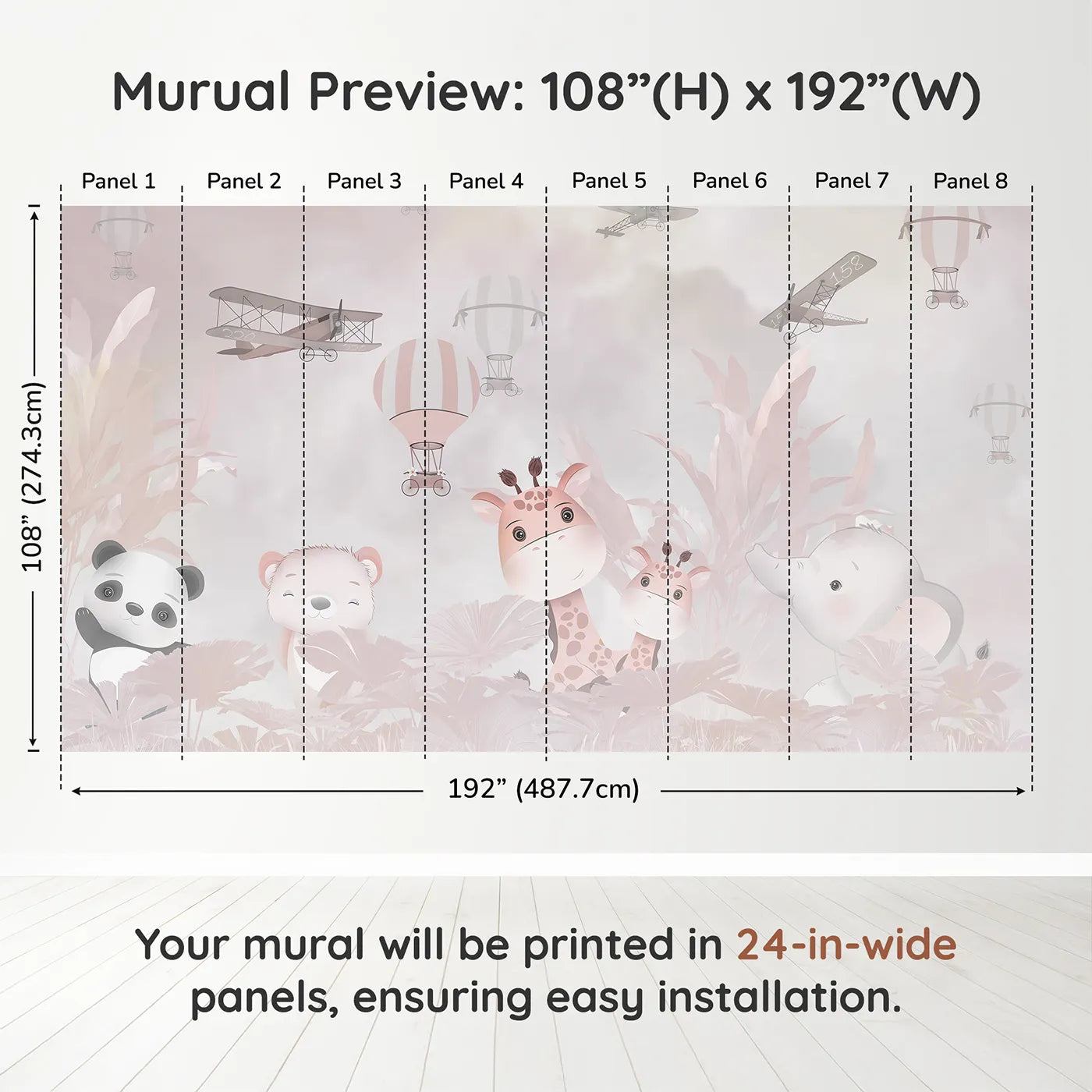 Whimsy Tots Pink Safari Adventure Wall Muraldimension view (108" H x 192" W). Printed in eight 24-inch-wide panels. Best for Girls