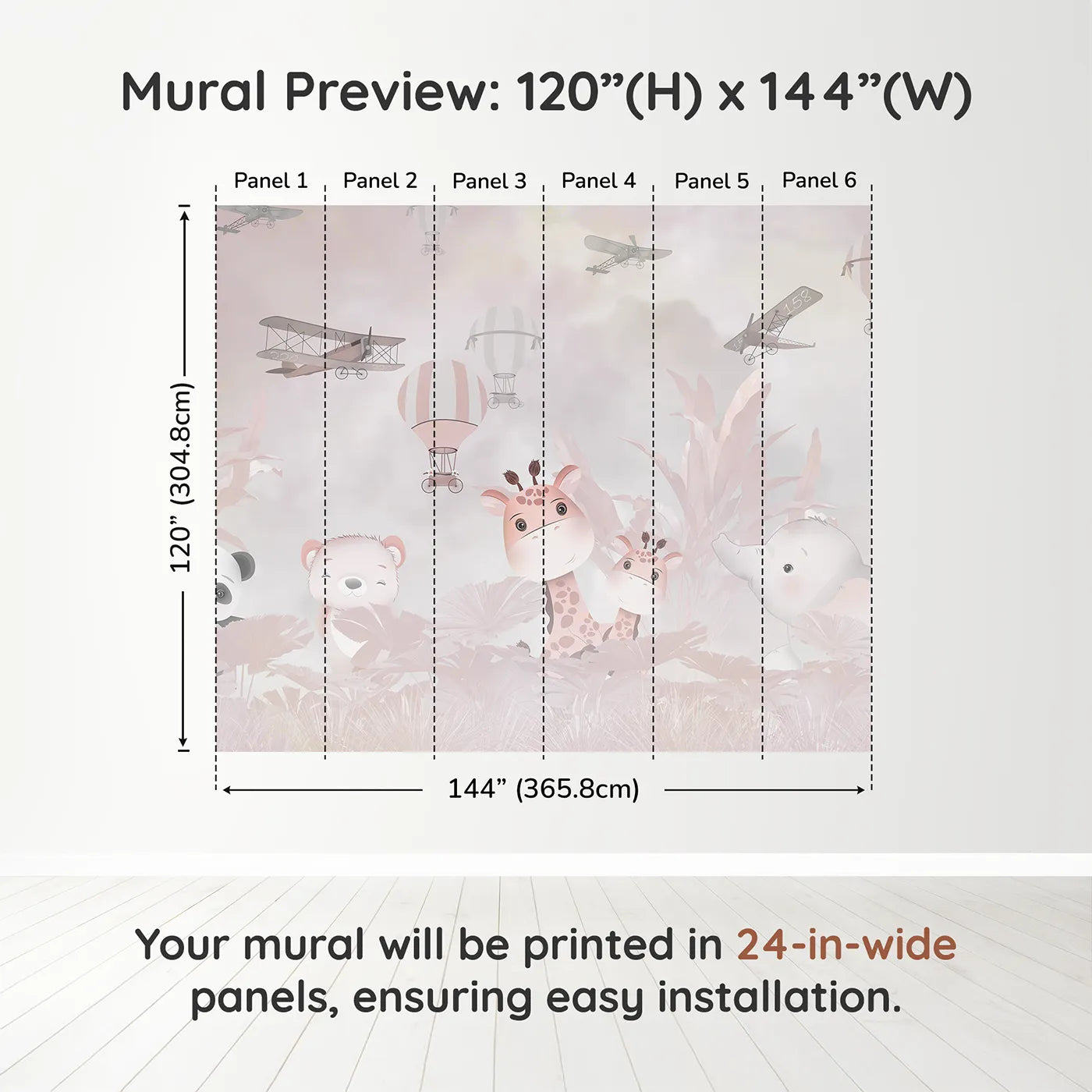 Whimsy Tots Pink Safari Adventure Wall Muraldimension view (120" H x 144" W). Printed in six 24-inch-wide panels. Best for Girls