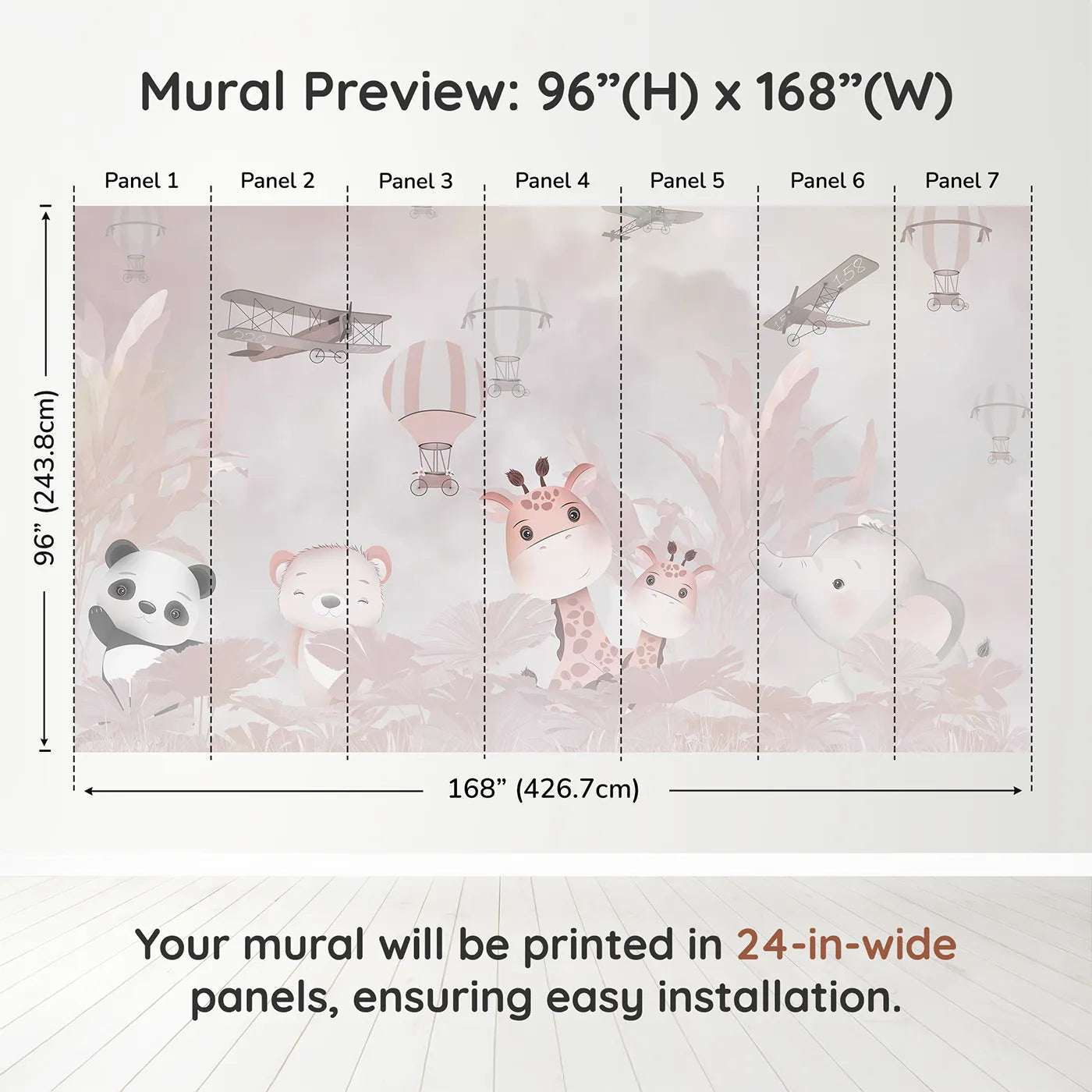 Whimsy Tots Pink Safari Adventure Wall Muraldimension view (96" H x 168" W). Printed in seven 24-inch-wide panels. Best for Girls