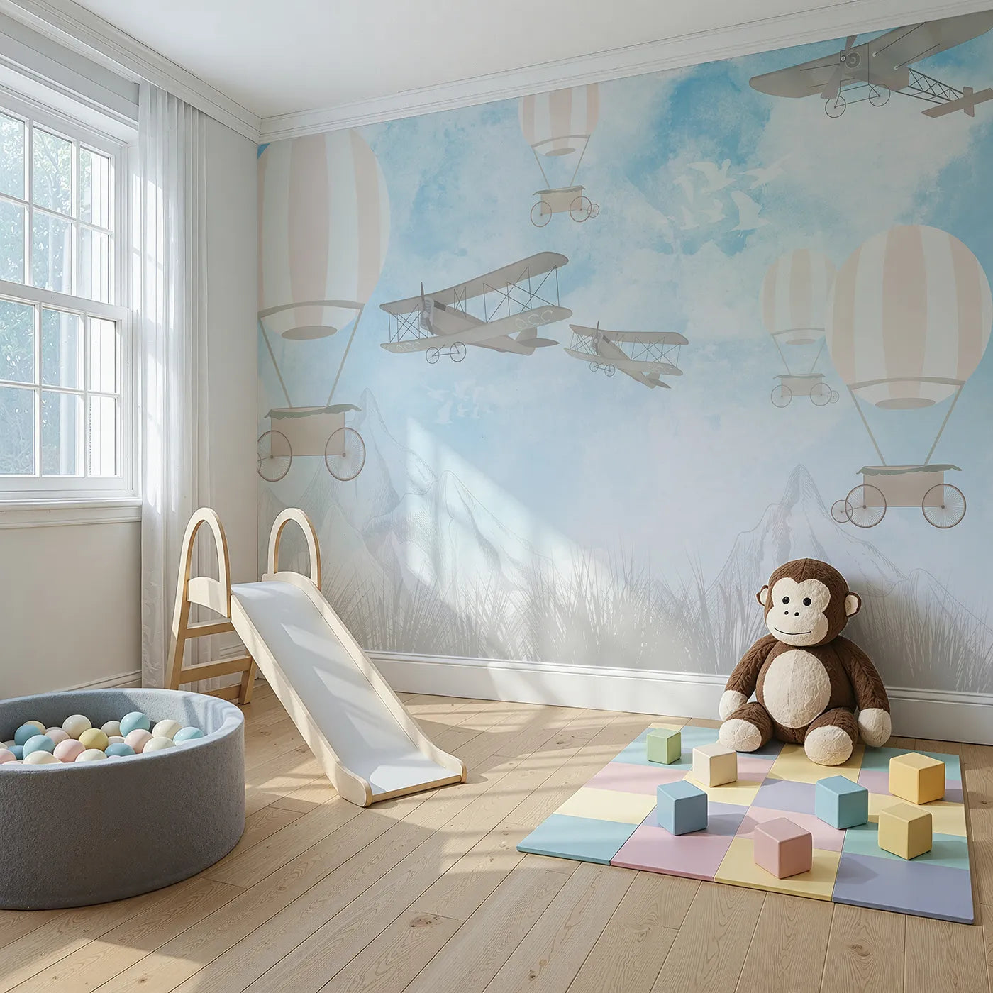 Angled view of Whimsy Tots' Vintage Sky Race Wall Mural (Turn Their Room into a Grand, Old-Fashioned Air Race).Gender-Neutral