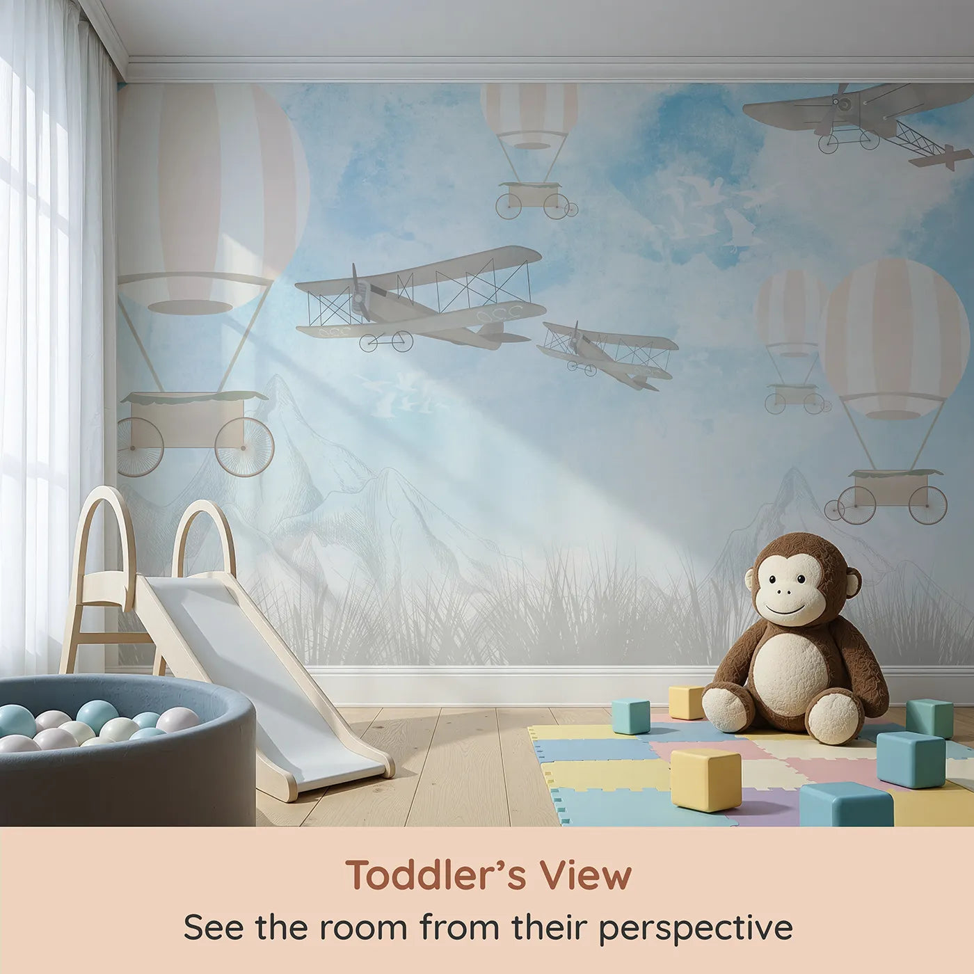 Whimsy Tots Vintage Sky Race Wall Mural (Turn Their Room into a Grand, Old-Fashioned Air Race) from your child's view.Gender-Neutral