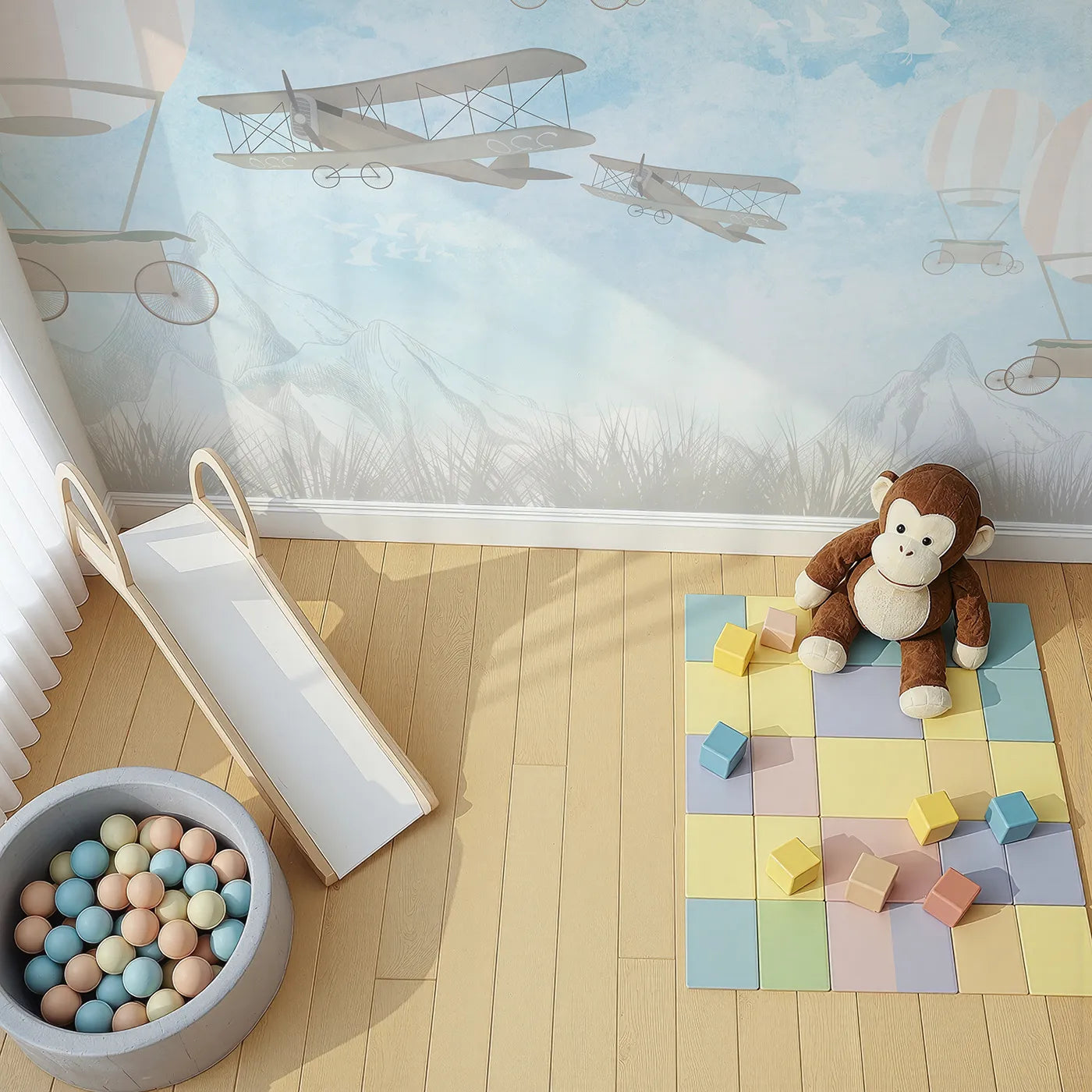 Top-down view of Whimsy Tots' Vintage Sky Race Wall Mural (Turn Their Room into a Grand, Old-Fashioned Air Race).Gender-Neutral
