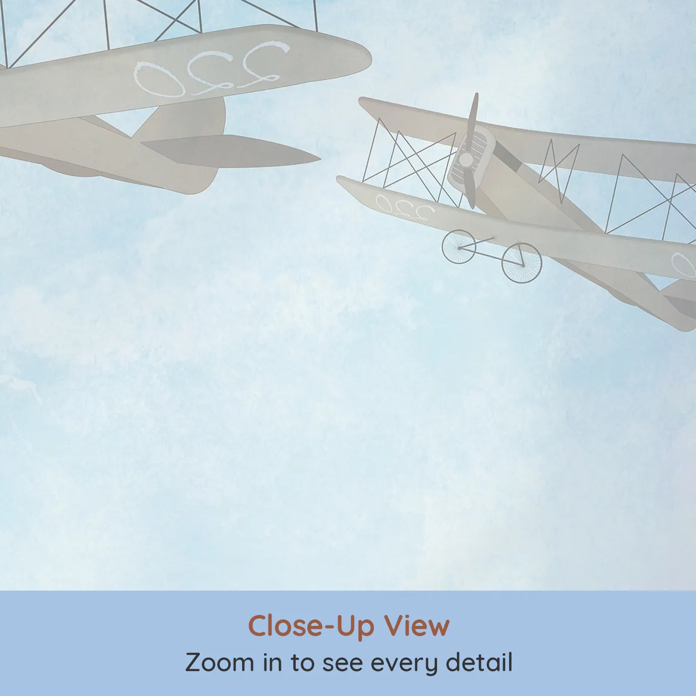 Close-up view of Whimsy Tots' Vintage Sky Race Wall Mural (Turn Their Room into a Grand, Old-Fashioned Air Race).Gender-Neutral