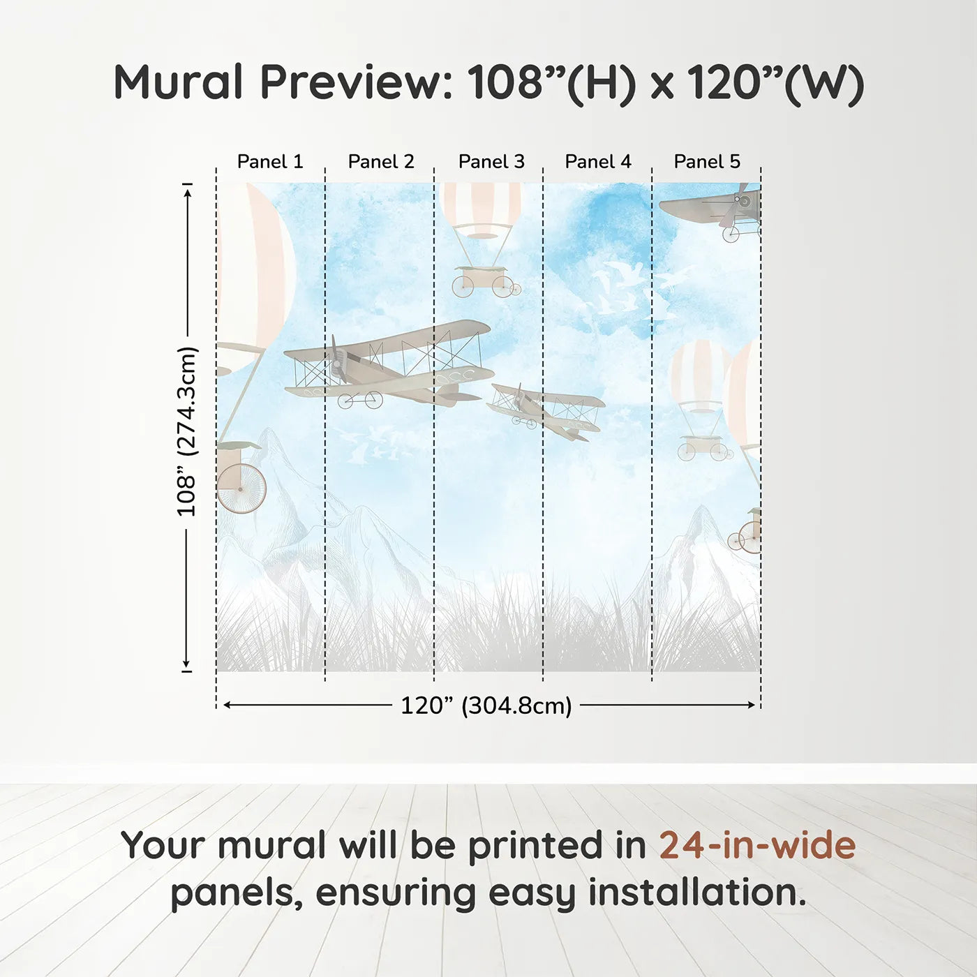 Whimsy Tots Vintage Sky Race Wall Muraldimension view (108" H x 120" W). Printed in five 24-inch-wide panels. Gender-Neutral