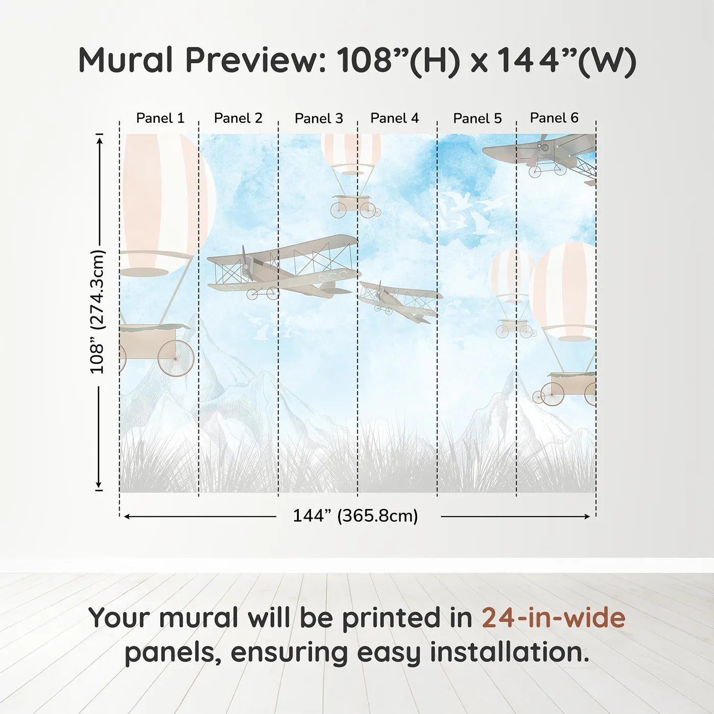 Whimsy Tots Vintage Sky Race Wall Muraldimension view (108" H x 144" W). Printed in six 24-inch-wide panels. Gender-Neutral
