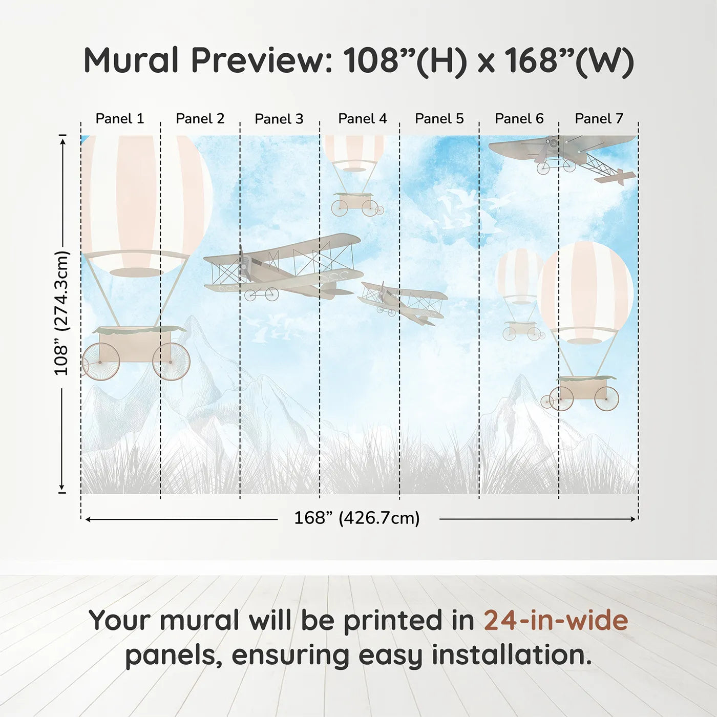 Whimsy Tots Vintage Sky Race Wall Muraldimension view (108" H x 168" W). Printed in seven 24-inch-wide panels. Gender-Neutral