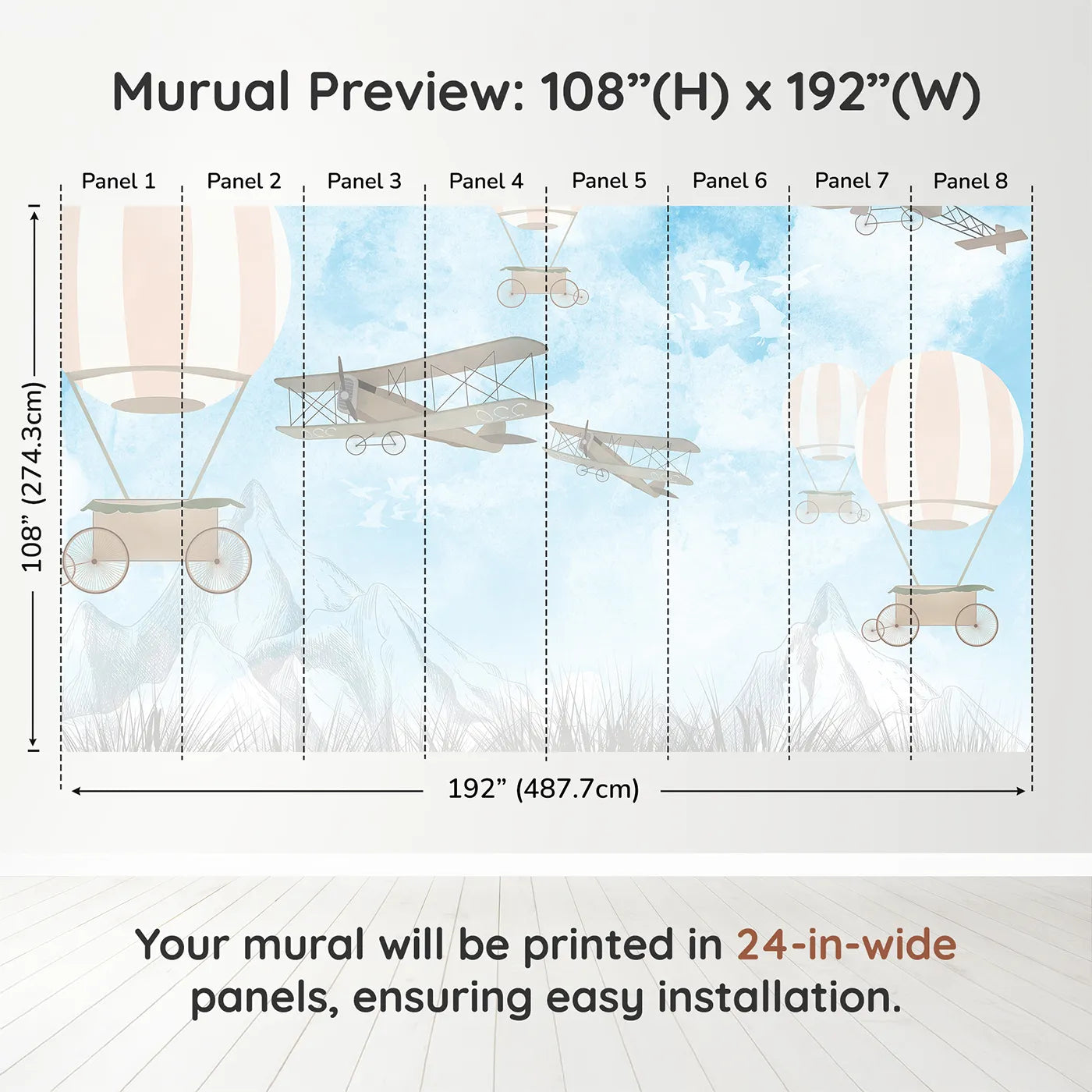 Whimsy Tots Vintage Sky Race Wall Muraldimension view (108" H x 192" W). Printed in eight 24-inch-wide panels. Gender-Neutral