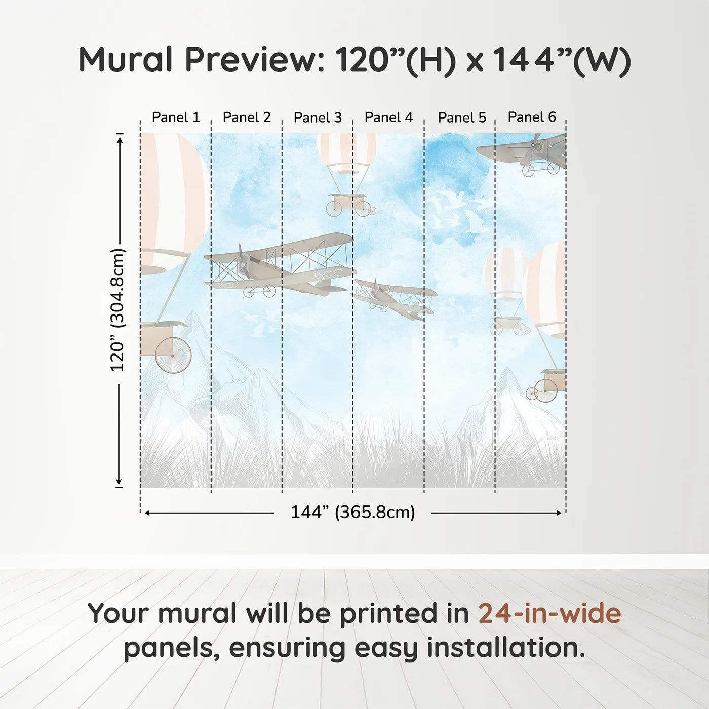 Whimsy Tots Vintage Sky Race Wall Muraldimension view (120" H x 144" W). Printed in six 24-inch-wide panels. Gender-Neutral