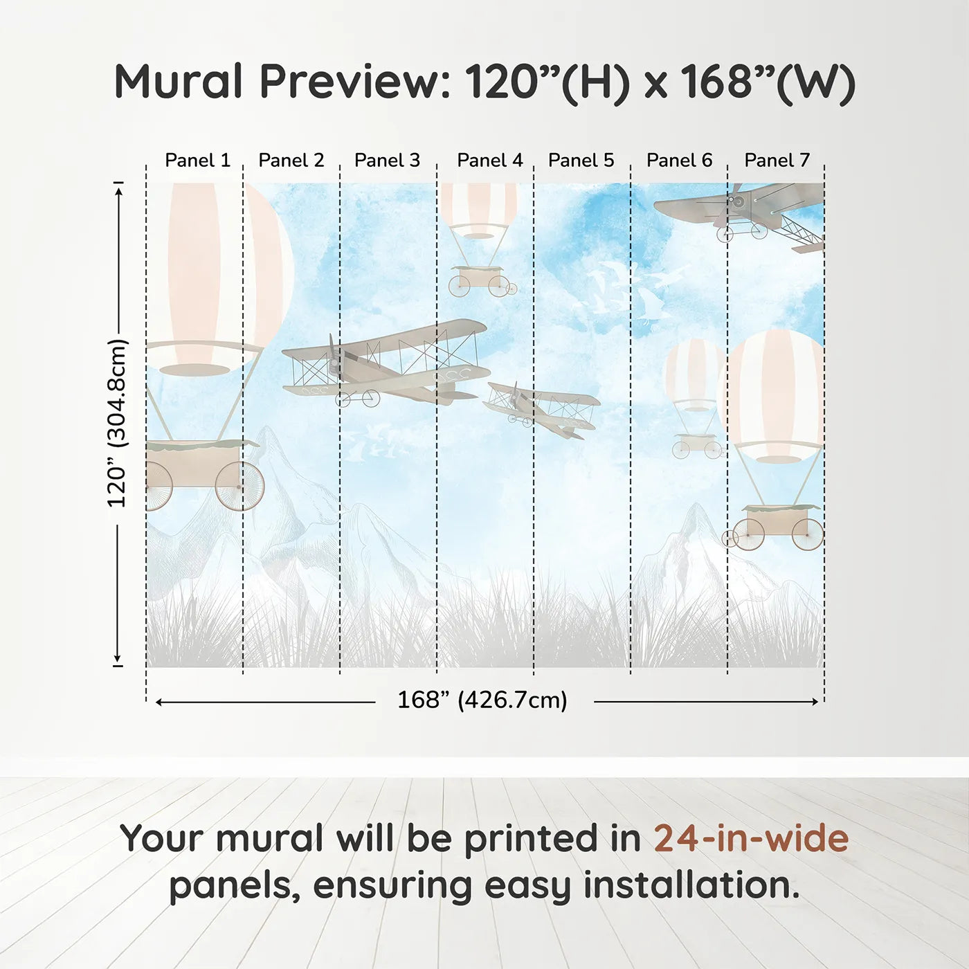 Whimsy Tots Vintage Sky Race Wall Muraldimension view (120" H x 168" W). Printed in seven 24-inch-wide panels. Gender-Neutral