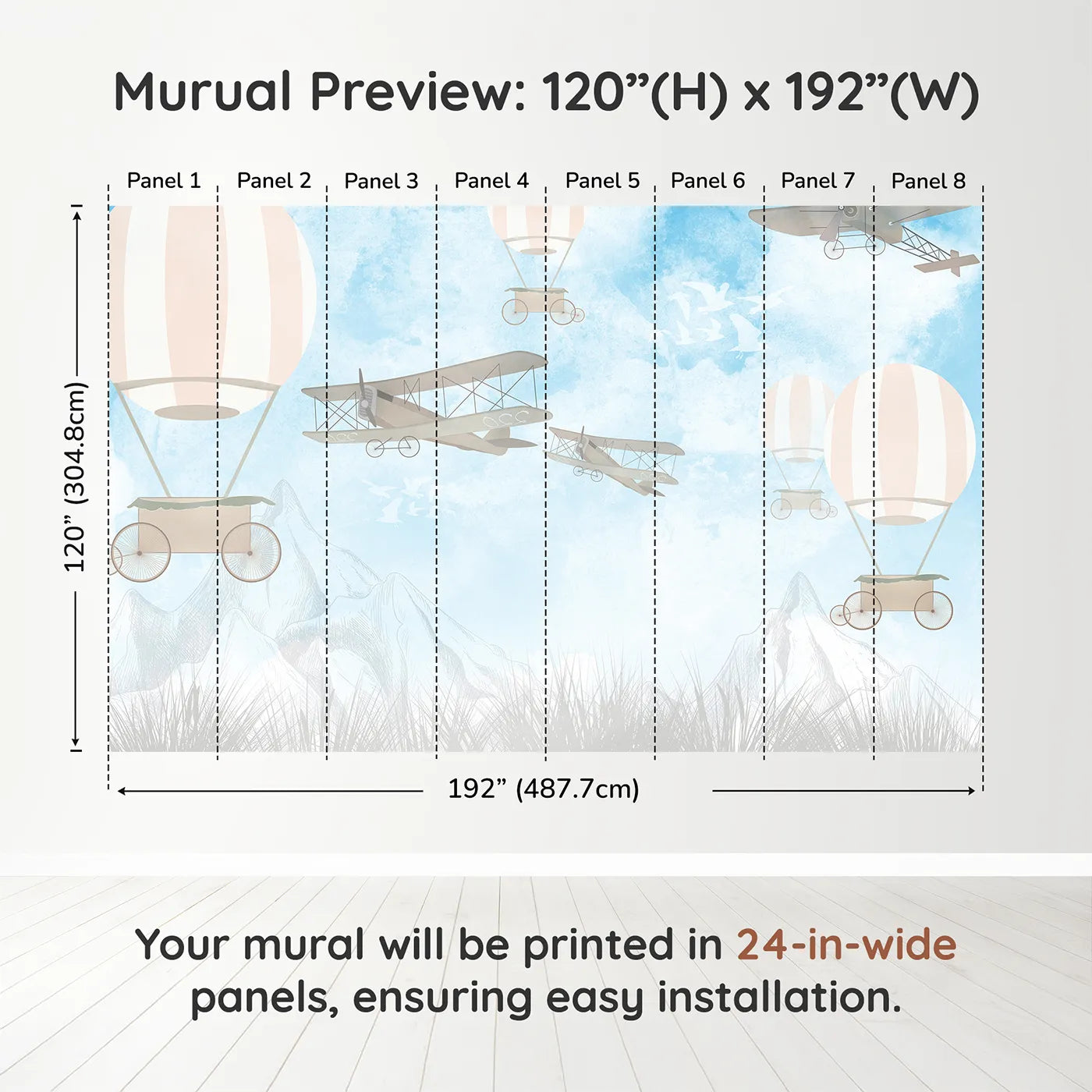 Whimsy Tots Vintage Sky Race Wall Muraldimension view (120" H x 192" W). Printed in eight 24-inch-wide panels. Gender-Neutral