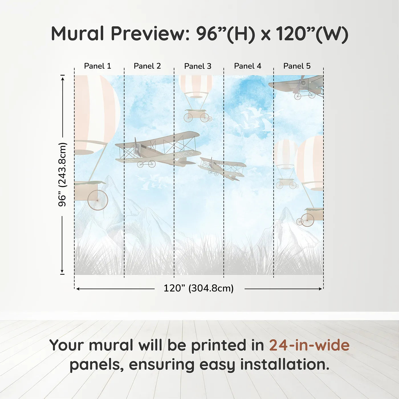 Whimsy Tots Vintage Sky Race Wall Muraldimension view (96" H x 120" W). Printed in five 24-inch-wide panels. Gender-Neutral