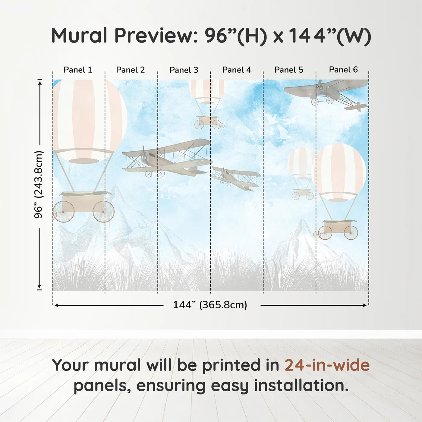 Whimsy Tots Vintage Sky Race Wall Muraldimension view (96" H x 144" W). Printed in six 24-inch-wide panels. Gender-Neutral