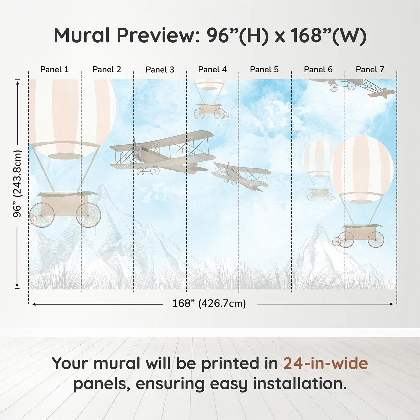 Whimsy Tots Vintage Sky Race Wall Muraldimension view (96" H x 168" W). Printed in seven 24-inch-wide panels. Gender-Neutral
