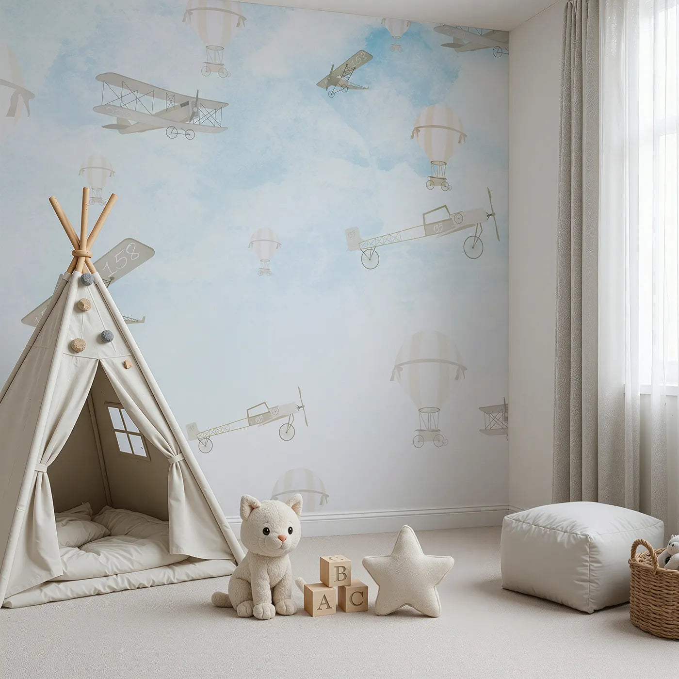 Angled view of Whimsy Tots' Vintage Sky Rally Wall Mural (Turn Their Room into a Grand, Old-Fashioned Air Show).Gender-Neutral