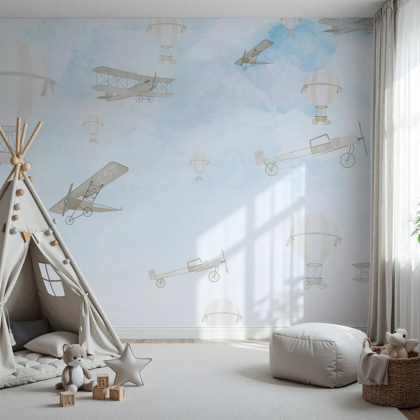 Front view of Whimsy Tots' Vintage Sky Rally Wall Mural