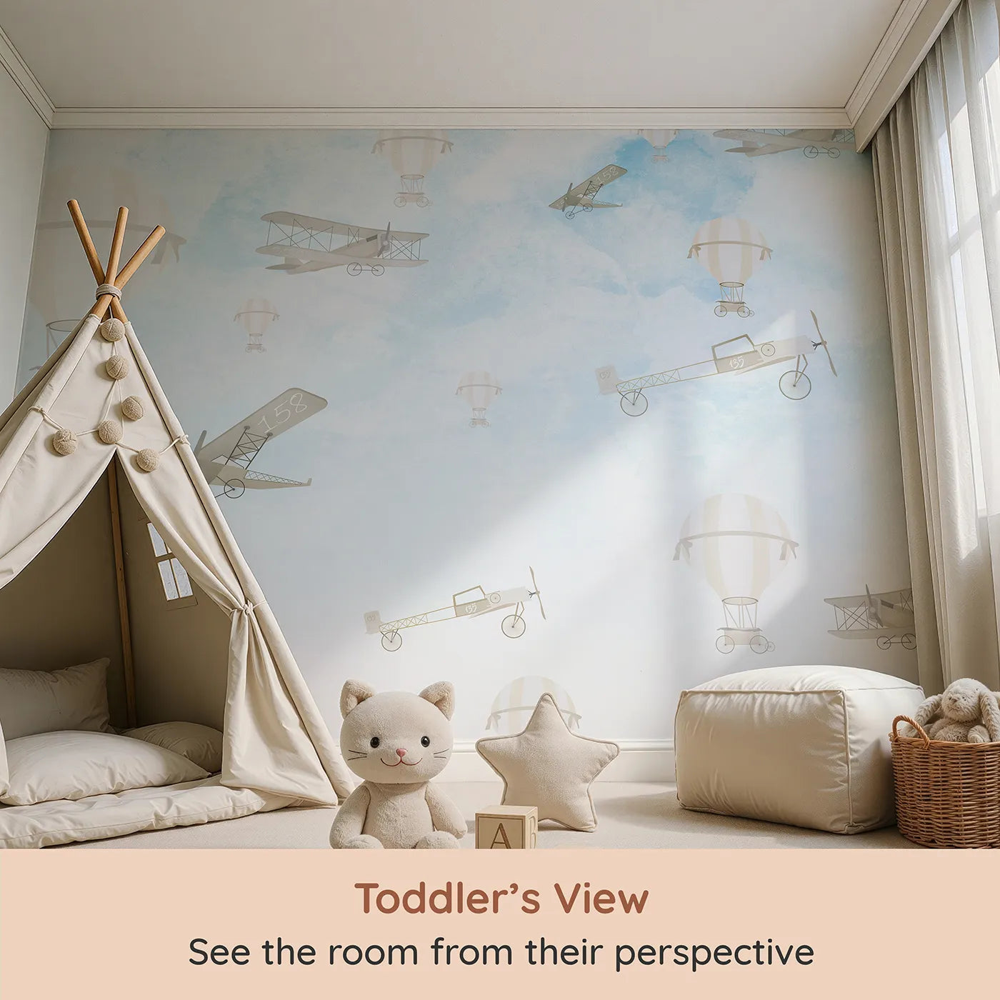 Whimsy Tots Vintage Sky Rally Wall Mural (Turn Their Room into a Grand, Old-Fashioned Air Show) from your child's view.Gender-Neutral